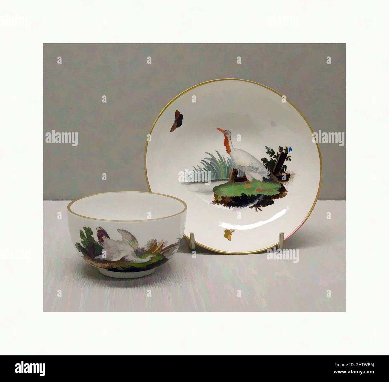 Kunst inspiriert von Teakup und Untertasse, ca. 1775, deutsch, Hartporzellan, Durchmesser, Untertasse: 5 1/8 Zoll (13 cm), Keramik-Porzellan, Diese teilweise Tee-und Kaffee-Service zeichnet sich durch seine relative Vollständigkeit und seine beiden Komponenten (die Kaffeekannen und die heiße Milchkännchen) unterzeichnet, Classic Works modernisiert von Artotop mit einem Schuss Moderne. Formen, Farbe und Wert, auffällige visuelle Wirkung auf Kunst. Emotionen durch Freiheit von Kunstwerken auf zeitgemäße Weise. Eine zeitlose Botschaft, die eine wild kreative neue Richtung verfolgt. Künstler, die sich dem digitalen Medium zuwenden und die Artotop NFT erschaffen Stockfoto