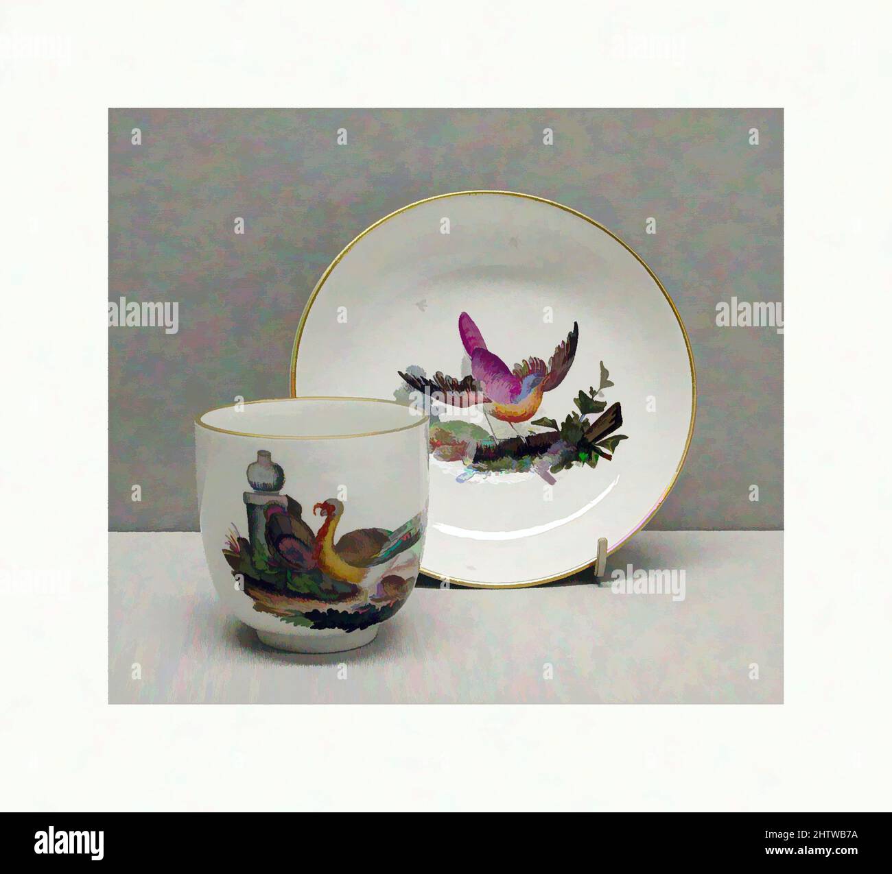 Kunst inspiriert von Kaffeetasse und Untertasse, ca. 1775, deutsch, Hartporzellan, Durchmesser, Untertasse: 5 1/8 Zoll (13,1 cm), Keramik-Porzellan, Dieses teilweise Tee- und Kaffeeservice zeichnet sich durch seine relative Vollständigkeit und seine zwei Komponenten aus (Kaffeekannen und Heißmilchkännchen, Classic Works modernisiert von Artotop mit einem Schuss Moderne. Formen, Farbe und Wert, auffällige visuelle Wirkung auf Kunst. Emotionen durch Freiheit von Kunstwerken auf zeitgemäße Weise. Eine zeitlose Botschaft, die eine wild kreative neue Richtung verfolgt. Künstler, die sich dem digitalen Medium zuwenden und die Artotop NFT erschaffen Stockfoto