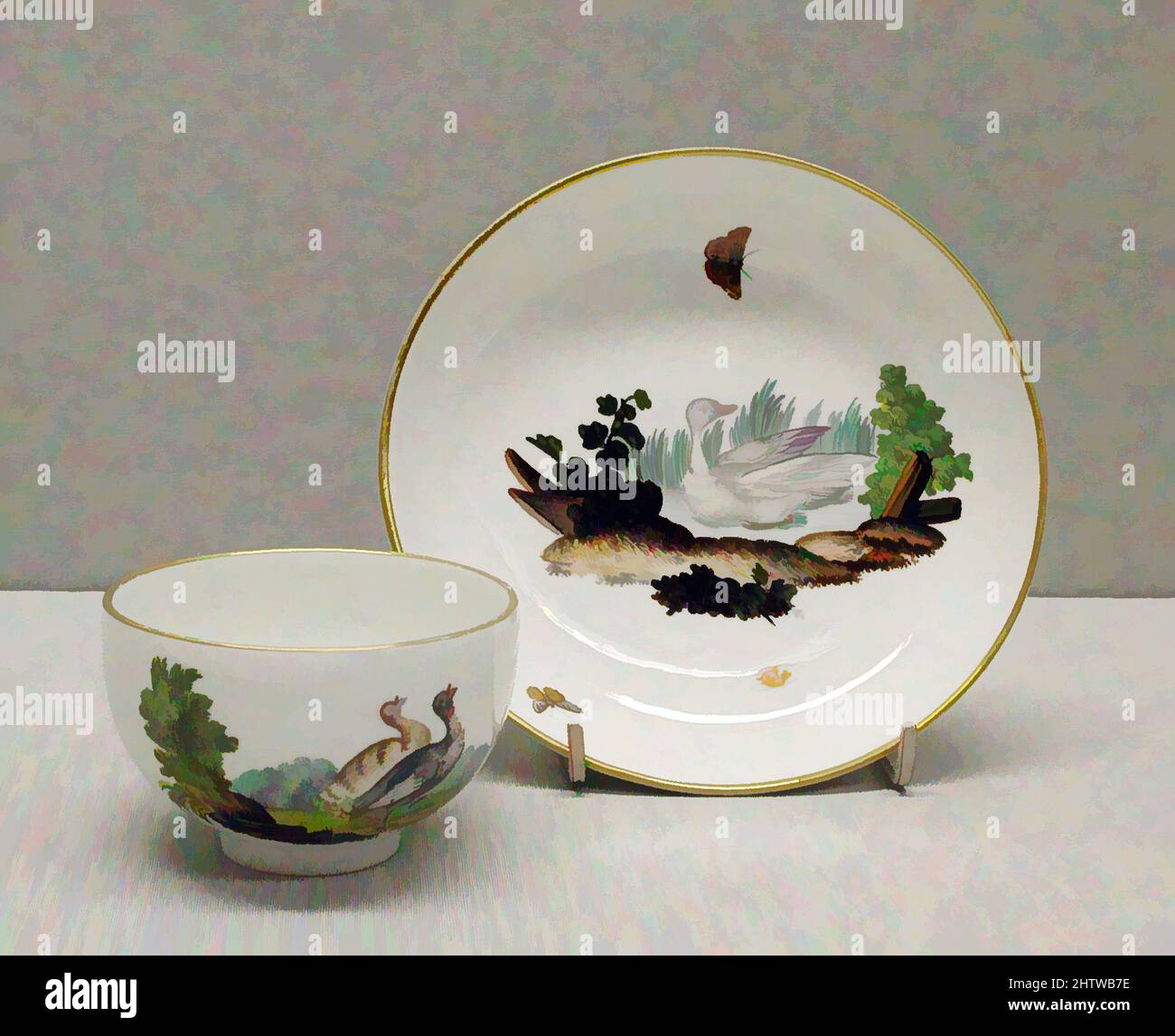 Kunst inspiriert von Teakup und Untertasse, ca. 1775, deutsch, Hartporzellan, Durchmesser, Untertasse: 5 1/8 Zoll (13,1 cm), Keramik-Porzellan, Diese teilweise Tee-und Kaffee-Service zeichnet sich durch seine relative Vollständigkeit und seine beiden Komponenten (die Kaffeekannen und die heiße Milchkännchen) unterzeichnet, Classic Works modernisiert von Artotop mit einem Schuss Moderne. Formen, Farbe und Wert, auffällige visuelle Wirkung auf Kunst. Emotionen durch Freiheit von Kunstwerken auf zeitgemäße Weise. Eine zeitlose Botschaft, die eine wild kreative neue Richtung verfolgt. Künstler, die sich dem digitalen Medium zuwenden und die Artotop NFT erschaffen Stockfoto