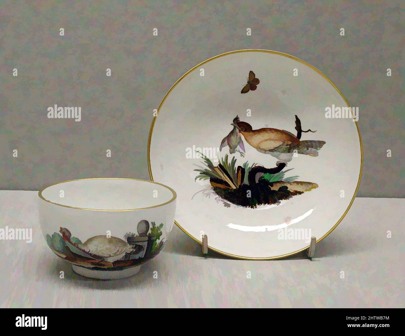 Kunst inspiriert von Teakup und Untertasse, ca. 1775, deutsch, Hartporzellan, Durchmesser, Untertasse: 5 1/8 Zoll (13 cm), Keramik-Porzellan, Diese teilweise Tee-und Kaffee-Service zeichnet sich durch seine relative Vollständigkeit und seine beiden Komponenten (die Kaffeekannen und die heiße Milchkännchen) unterzeichnet, Classic Works modernisiert von Artotop mit einem Schuss Moderne. Formen, Farbe und Wert, auffällige visuelle Wirkung auf Kunst. Emotionen durch Freiheit von Kunstwerken auf zeitgemäße Weise. Eine zeitlose Botschaft, die eine wild kreative neue Richtung verfolgt. Künstler, die sich dem digitalen Medium zuwenden und die Artotop NFT erschaffen Stockfoto