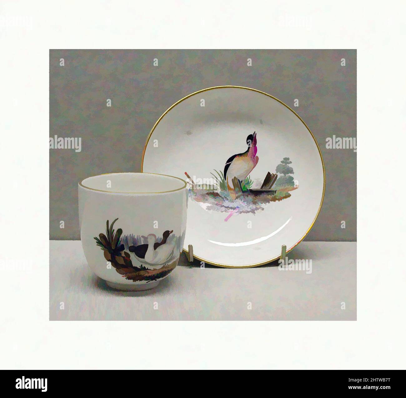 Kunst inspiriert von Kaffeetasse und Untertasse, ca. 1775, deutsch, Hartporzellan, Durchmesser, Untertasse: 5 1/8 Zoll (13 cm), Keramik-Porzellan, Diese teilweise Tee-und Kaffee-Service zeichnet sich durch seine relative Vollständigkeit und seine beiden Komponenten (die Kaffeekannen und die heiße Milchkännchen) unterzeichnet, Classic Works modernisiert von Artotop mit einem Schuss Moderne. Formen, Farbe und Wert, auffällige visuelle Wirkung auf Kunst. Emotionen durch Freiheit von Kunstwerken auf zeitgemäße Weise. Eine zeitlose Botschaft, die eine wild kreative neue Richtung verfolgt. Künstler, die sich dem digitalen Medium zuwenden und die Artotop NFT erschaffen Stockfoto