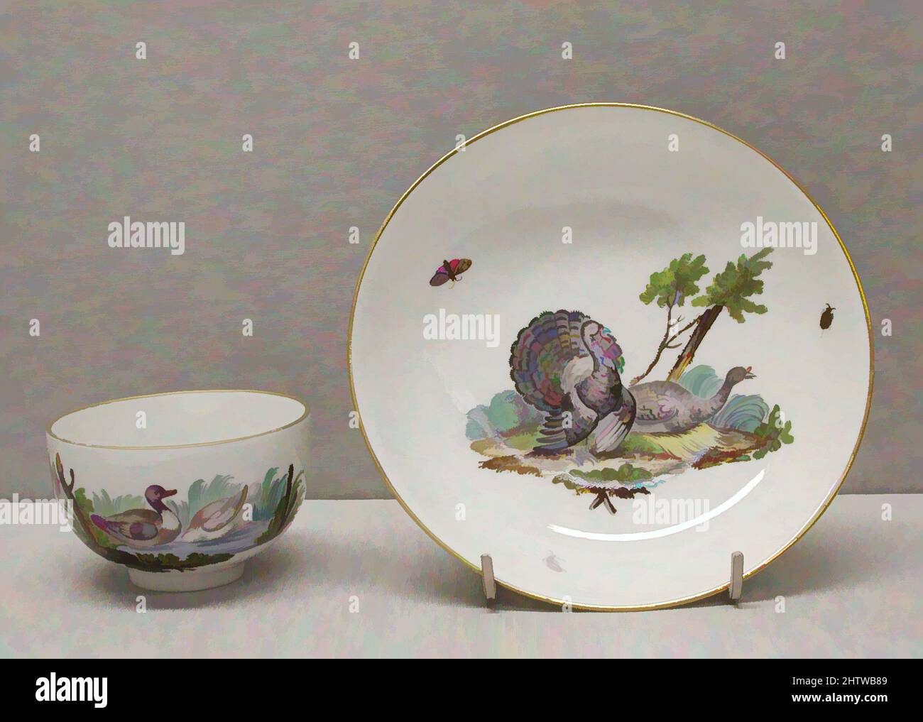 Kunst inspiriert von Teakup und Untertasse, ca. 1775, deutsch, Hartporzellan, Durchmesser, Untertasse: 5 1/2 Zoll (13,9 cm), Keramik-Porzellan, Diese teilweise Tee-und Kaffee-Service zeichnet sich durch seine relative Vollständigkeit und seine beiden Komponenten (die Kaffeekannen und die heiße Milchkännchen) unterzeichnet, Classic Works modernisiert von Artotop mit einem Schuss Moderne. Formen, Farbe und Wert, auffällige visuelle Wirkung auf Kunst. Emotionen durch Freiheit von Kunstwerken auf zeitgemäße Weise. Eine zeitlose Botschaft, die eine wild kreative neue Richtung verfolgt. Künstler, die sich dem digitalen Medium zuwenden und die Artotop NFT erschaffen Stockfoto