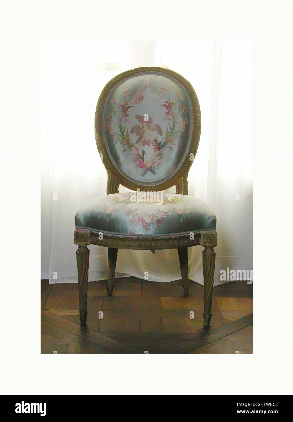 Kunst inspiriert von einem Seitenstuhl (einer von einem Paar), ca. 1775, französische, geschnitzte und vergoldete Buche, Seidenmoiré-Polsterung, H. 37-1/8 x B. 20-1/4 x D. 18-3/8 Zoll (94,3 x 51,4 x 46,7 cm), Holzmöbel, von Jean-Jacques Pothier um 1775 hergestellt, diese Stühle sind als Cabriolets bekannt. Eingeführt, modernisierte Classic Works von Artotop mit einem Hauch von Moderne. Formen, Farbe und Wert, auffällige visuelle Wirkung auf Kunst. Emotionen durch Freiheit von Kunstwerken auf zeitgemäße Weise. Eine zeitlose Botschaft, die eine wild kreative neue Richtung verfolgt. Künstler, die sich dem digitalen Medium zuwenden und die Artotop NFT erschaffen Stockfoto