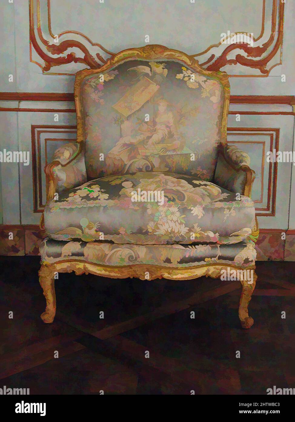 Kunst inspiriert von Armlehnstuhl (Bergère) (einer von einem Paar), ca. 1765, Französisch, Paris, geschnitztes und vergoldetes Buchenholz, H. 39-7/8 x B 32 x T 23-1/2 Zoll (101,3 x 81,3 x 59,7 cm), Holzmöbel, Diese Art von Sessel, zwischen den Armen und dem Sitz gepolstert, wird als Bergère bezeichnet. Es war, Classic Works modernisiert von Artotop mit einem Schuss Moderne. Formen, Farbe und Wert, auffällige visuelle Wirkung auf Kunst. Emotionen durch Freiheit von Kunstwerken auf zeitgemäße Weise. Eine zeitlose Botschaft, die eine wild kreative neue Richtung verfolgt. Künstler, die sich dem digitalen Medium zuwenden und die Artotop NFT erschaffen Stockfoto