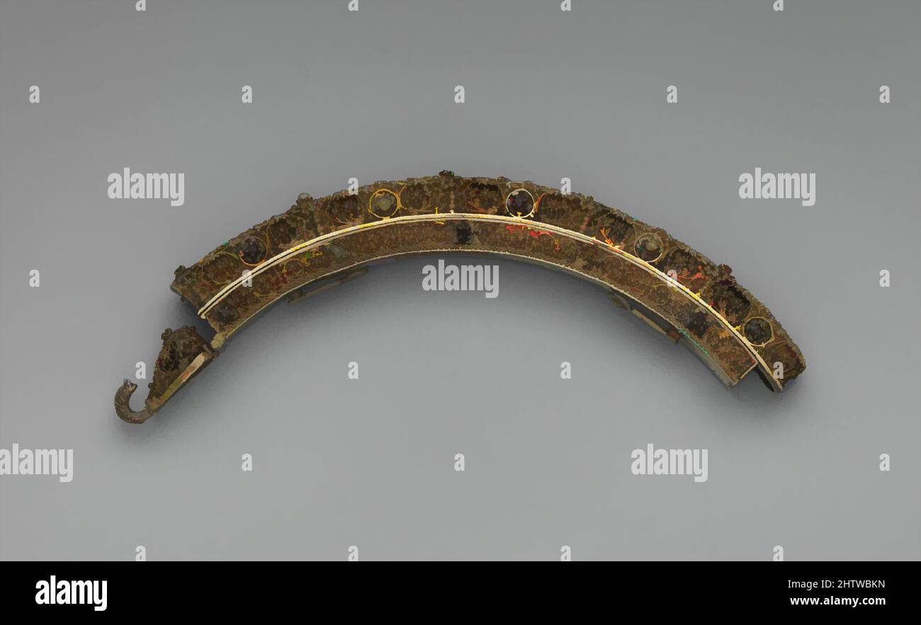 Kunst inspiriert von Gürtelschnalle, 16. Jahrhundert, Ungarisch, Silber, teilweise vergoldet, Perlen, Rubine, insgesamt: 9 1/8 Zoll (23,2 cm), Metallarbeiten-Silber, der schlange Haken links von dieser Schnalle hätte mit einem nahezu identischen Haken am anderen Ende des Gürtels zu tun, möglicherweise mit den von Artotop modernisierten Classic Works mit einem Schuss Moderne. Formen, Farbe und Wert, auffällige visuelle Wirkung auf Kunst. Emotionen durch Freiheit von Kunstwerken auf zeitgemäße Weise. Eine zeitlose Botschaft, die eine wild kreative neue Richtung verfolgt. Künstler, die sich dem digitalen Medium zuwenden und die Artotop NFT erschaffen Stockfoto