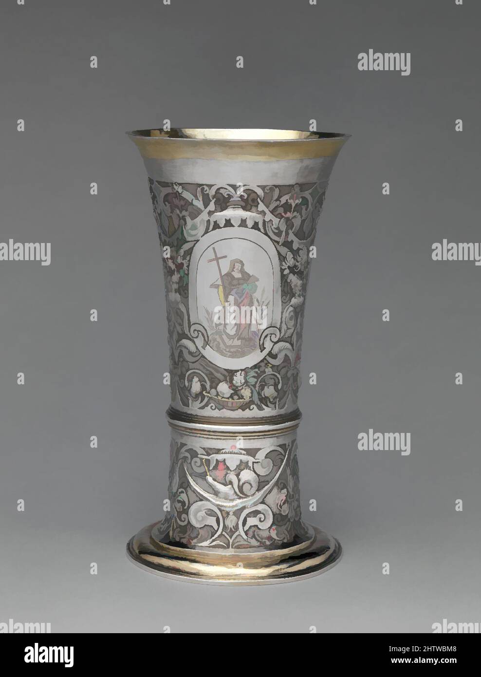 Kunst inspiriert von einem Fußbecher, ca. 1600, ungarisch, Brassó, Silber, teilweise vergoldet, Insgesamt: 8 1/2 x 5 1/8 Zoll (21,6 x 13 cm), Metallwerk-Silber, dieser Becher dokumentiert die Adaption von Stilen und Motiven, die tausende von Meilen voneinander entfernt entstanden sind. Das Schiff ist mit einem raffinierten, von Artotop modernisierten Classic Works mit einem Schuss Modernität bedeckt. Formen, Farbe und Wert, auffällige visuelle Wirkung auf Kunst. Emotionen durch Freiheit von Kunstwerken auf zeitgemäße Weise. Eine zeitlose Botschaft, die eine wild kreative neue Richtung verfolgt. Künstler, die sich dem digitalen Medium zuwenden und die Artotop NFT erschaffen Stockfoto