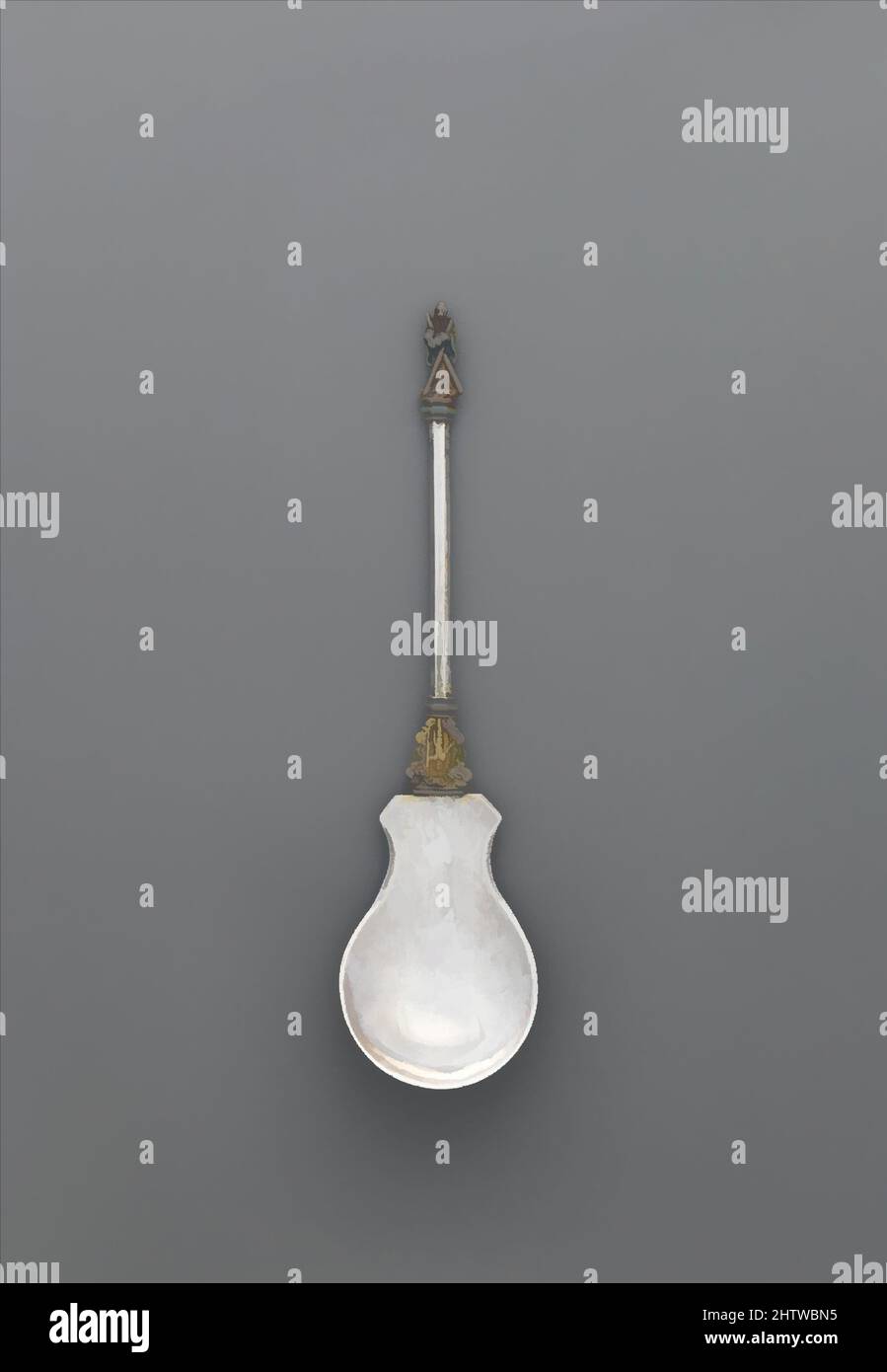 Kunst inspiriert von Löffel, 16.–17. Jahrhundert, möglicherweise ungarisch, Silber, Länge: 7 7/8 Zoll (20 cm), Metallarbeiten-Silber, das gegossene Endstück dieses Löffels zeigt den Heiligen Andreas, erkennbar an seinem Attribut, ein Kreuz in der Form eines X. Dieses Motiv lässt vermuten, dass der Löffel Teil eines Sets von Klassischen Werken war, die von Artotop mit einem Schuss Moderne modernisiert wurden. Formen, Farbe und Wert, auffällige visuelle Wirkung auf Kunst. Emotionen durch Freiheit von Kunstwerken auf zeitgemäße Weise. Eine zeitlose Botschaft, die eine wild kreative neue Richtung verfolgt. Künstler, die sich dem digitalen Medium zuwenden und die Artotop NFT erschaffen Stockfoto
