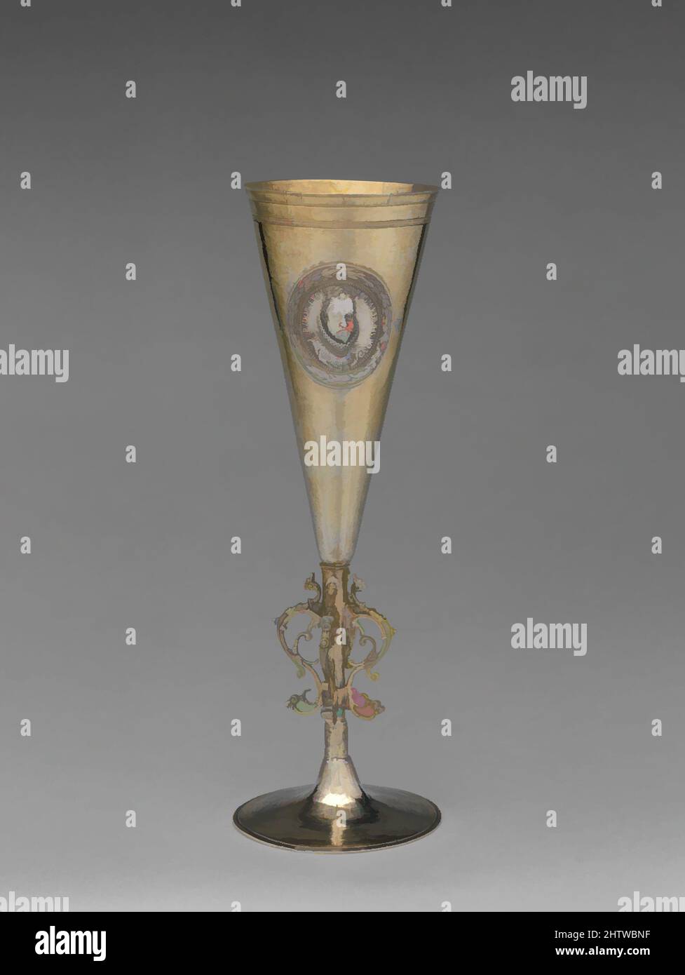 Kunst inspiriert von Conical Cup, ca. 1640, ungarisch, Kolozsvár, Silber, teilweise vergoldet, Höhe: 7 7/8 Zoll (20 cm), Metallarbeiten-Silber, die Plakette auf diesem Becher erinnert an den römischen Kaiser Rudolph II. (1552–1612), den großen habsburgischen Sammler, der eine legendäre Kunstkammer (Kunst, Klassische Werke, die von Artotop mit einem Schuss Moderne modernisiert wurden) ansammelte. Formen, Farbe und Wert, auffällige visuelle Wirkung auf Kunst. Emotionen durch Freiheit von Kunstwerken auf zeitgemäße Weise. Eine zeitlose Botschaft, die eine wild kreative neue Richtung verfolgt. Künstler, die sich dem digitalen Medium zuwenden und die Artotop NFT erschaffen Stockfoto