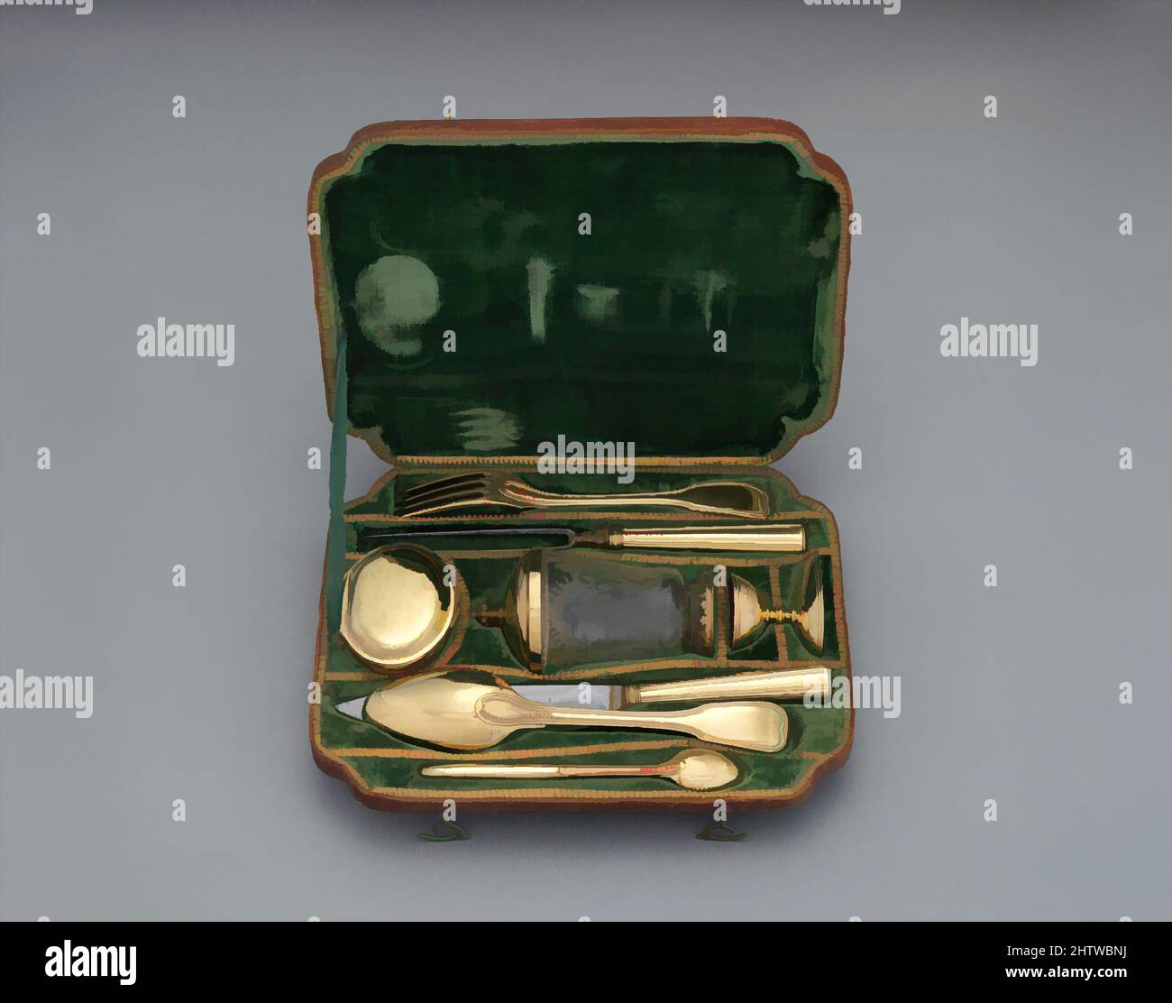 Art Inspired by Travelling Set mit Glasbecher in Etui, 1777–79, deutsch, Augsburg, vergoldetes Silber, Stahl, Glas, gefärbtes und goldbearbeitete Leder, Samt, Länge (Gabel A): 7 7/8 Zoll (20 cm), Metallarbeiten-Silber, einige Mitglieder der mittel- und südöstlichen europäischen souveränen Dynastien nie, Classic Works modernisiert von Artotop mit einem Schuss Moderne. Formen, Farbe und Wert, auffällige visuelle Wirkung auf Kunst. Emotionen durch Freiheit von Kunstwerken auf zeitgemäße Weise. Eine zeitlose Botschaft, die eine wild kreative neue Richtung verfolgt. Künstler, die sich dem digitalen Medium zuwenden und die Artotop NFT erschaffen Stockfoto