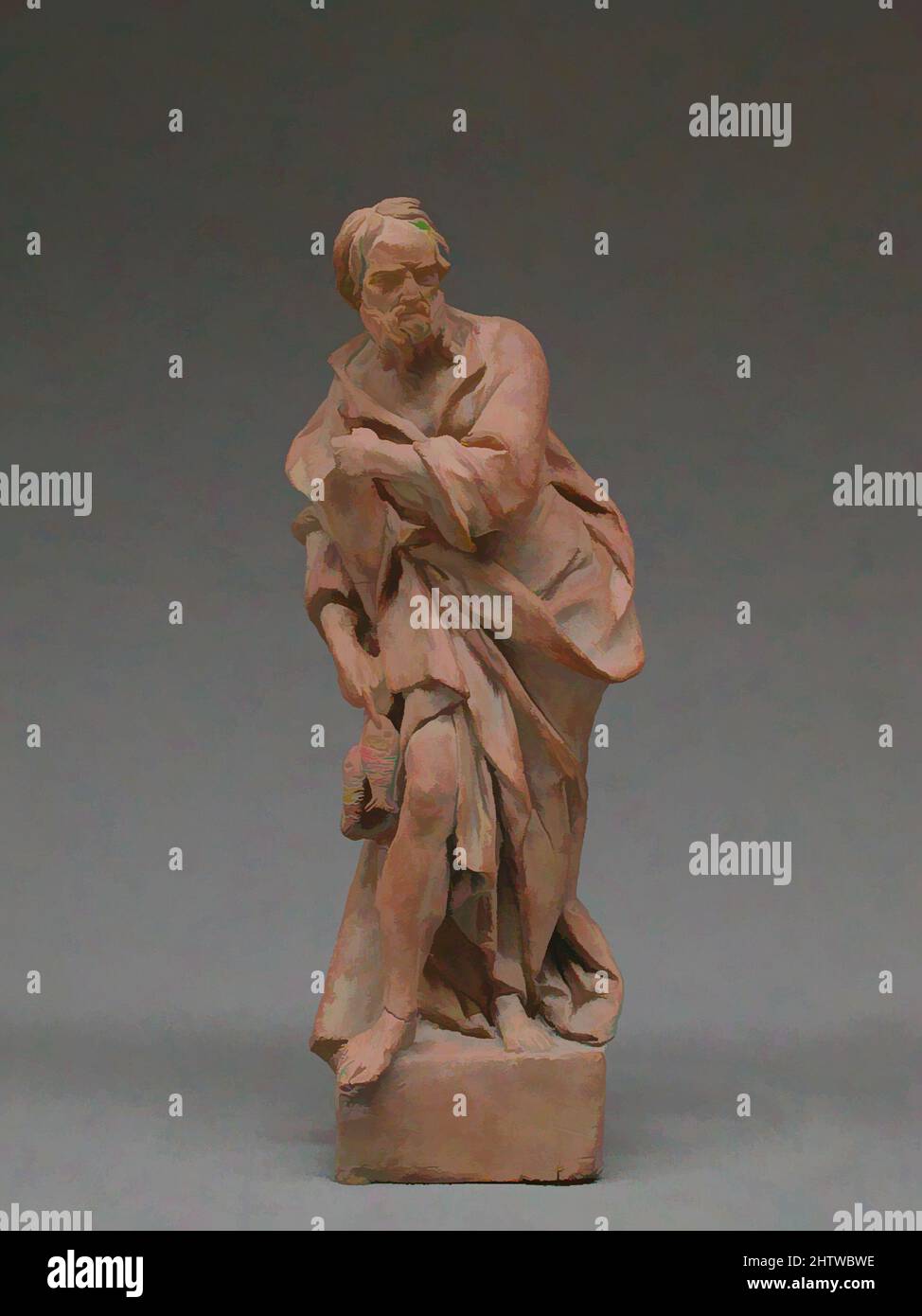 Kunst inspiriert von Saint Andrew, 1780s, Italienisch, Neapel, Terrakotta, Spuren von gemahlener oder weißer Wäsche, insgesamt (bestätigt): 13 7/8 x 5 1/4 x 4 9/16 Zoll, 4lb. (35,2 x 13,3 x 11,6 cm, 14kg), Skulptur, wahrscheinlich von Giuseppe Picano (1732–1810), St. Andreas und sein Partner St. Peter diente als, Klassisches Werk, das von Artotop mit einem Schuss Moderne modernisiert wurde. Formen, Farbe und Wert, auffällige visuelle Wirkung auf Kunst. Emotionen durch Freiheit von Kunstwerken auf zeitgemäße Weise. Eine zeitlose Botschaft, die eine wild kreative neue Richtung verfolgt. Künstler, die sich dem digitalen Medium zuwenden und die Artotop NFT erschaffen Stockfoto