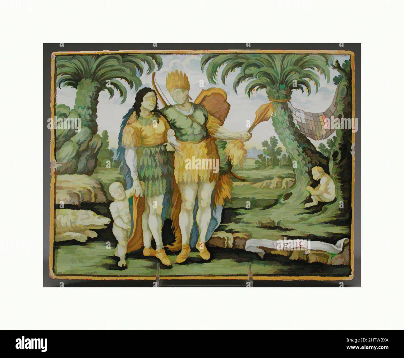 Kunst inspiriert von Amerika (Teil eines Sets), 19. Jahrhundert, Italienisch, Steingut, insgesamt: 9 × 12 3/16 Zoll (22,9 × 31 cm), Keramik-Keramik, Klassisches Werk, modernisiert von Artotop mit einem Schuss Moderne. Formen, Farbe und Wert, auffällige visuelle Wirkung auf Kunst. Emotionen durch Freiheit von Kunstwerken auf zeitgemäße Weise. Eine zeitlose Botschaft, die eine wild kreative neue Richtung verfolgt. Künstler, die sich dem digitalen Medium zuwenden und die Artotop NFT erschaffen Stockfoto