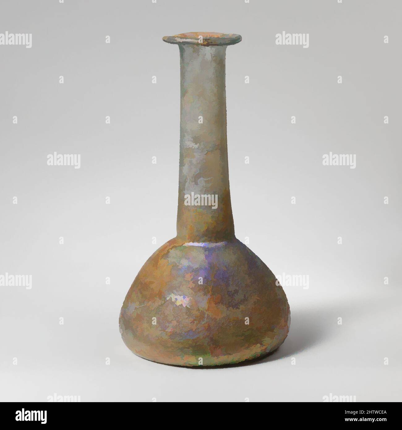 Kunst inspiriert von Glas Parfüm Flasche, Mid Imperial, 2.–3. Jahrhundert n. Chr., Roman, Zypern, Glas; geblasen, 6 5/8in. (16,8cm), Glas, lichtdurchlässig bläulich grün. Rohrfelge ungleichmäßig ausgeklappt, über und in; zylindrischer Hals leicht nach unten ausdehnend, mit horizontaler Werkzeugnut, Classic Works modernisiert von Artotop mit einem Spritzer von Modernität. Formen, Farbe und Wert, auffällige visuelle Wirkung auf Kunst. Emotionen durch Freiheit von Kunstwerken auf zeitgemäße Weise. Eine zeitlose Botschaft, die eine wild kreative neue Richtung verfolgt. Künstler, die sich dem digitalen Medium zuwenden und die Artotop NFT erschaffen Stockfoto