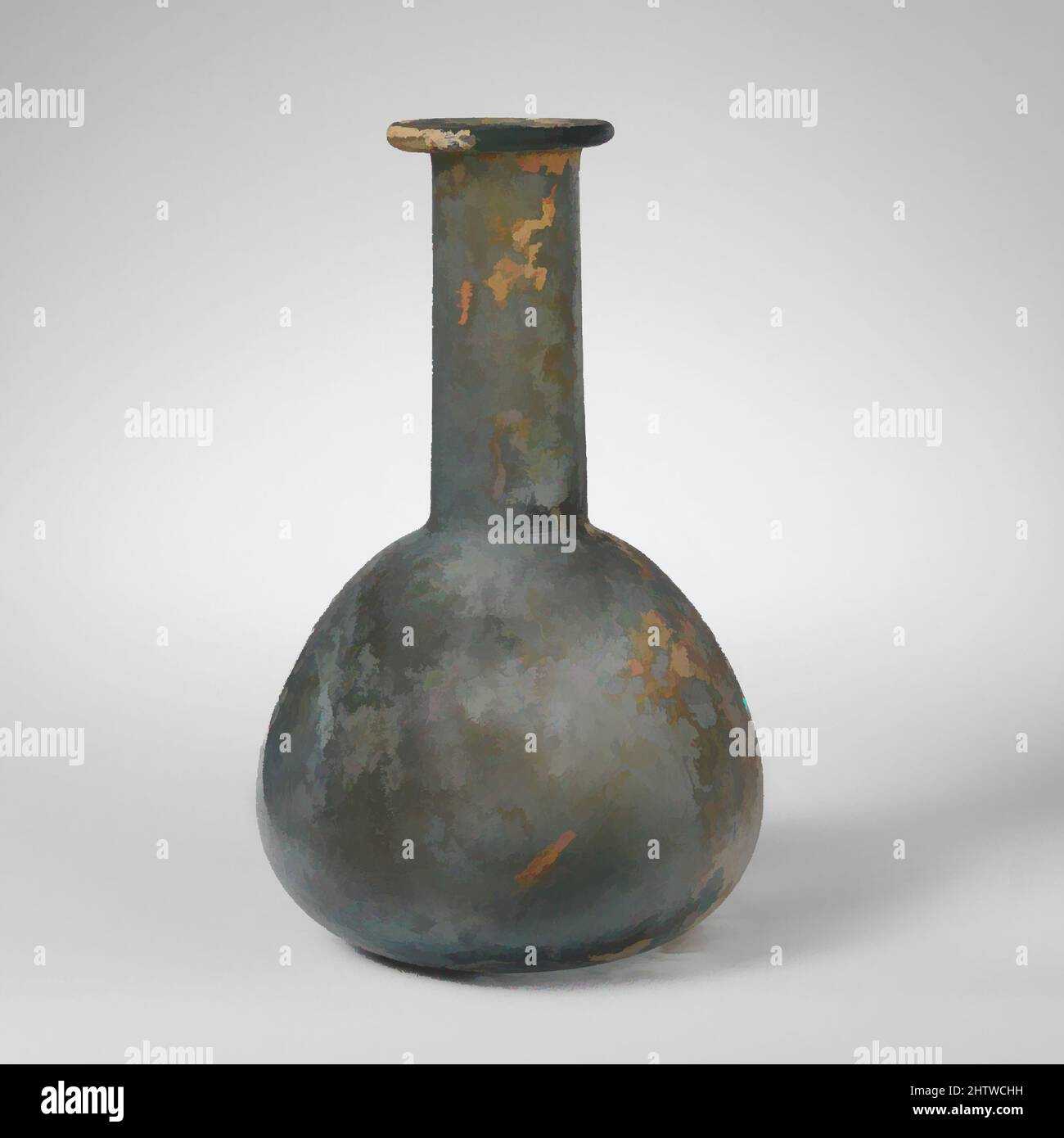 Kunst inspiriert von Parfümflasche aus Glas, frühes oder mittleres Imperium, 1.–2. Jahrhundert n. Chr., römisch, Glas; geblasen, 6 1/16in. (15,5cm), Glas, lichtdurchlässig blaugrün. Der unebene Rand wurde ausgeklappt, über- und eingeklappt und flach auf die Oberseite gepresst, was zu einer Verengung des Mundes führte; der zylindrische Hals, der sich leicht ausdehnt, die Classic Works wurden von Artotop mit einem Schuss Modernität modernisiert. Formen, Farbe und Wert, auffällige visuelle Wirkung auf Kunst. Emotionen durch Freiheit von Kunstwerken auf zeitgemäße Weise. Eine zeitlose Botschaft, die eine wild kreative neue Richtung verfolgt. Künstler, die sich dem digitalen Medium zuwenden und die Artotop NFT erschaffen Stockfoto