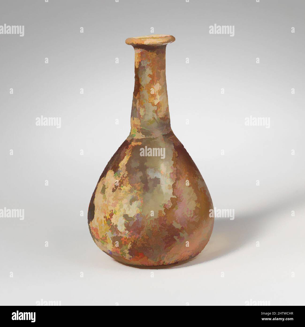 Kunst inspiriert von Parfümflasche aus Glas, früh bis Mitte des Imperium, 1.–2. Jahrhundert n. Chr., römisch, Glas; geblasen, 4 1/4in. (10,9cm), Glas, farblos mit blaugrünem Farbton. Rand ausgeklappt, über und in; zylindrischer Hals, sich nach unten ausdehnend mit Werkzeugmarkierungen um die Basis; breiter konischer Körper mit, Classic Works modernisiert von Artotop mit einem Schuss Moderne. Formen, Farbe und Wert, auffällige visuelle Wirkung auf Kunst. Emotionen durch Freiheit von Kunstwerken auf zeitgemäße Weise. Eine zeitlose Botschaft, die eine wild kreative neue Richtung verfolgt. Künstler, die sich dem digitalen Medium zuwenden und die Artotop NFT erschaffen Stockfoto