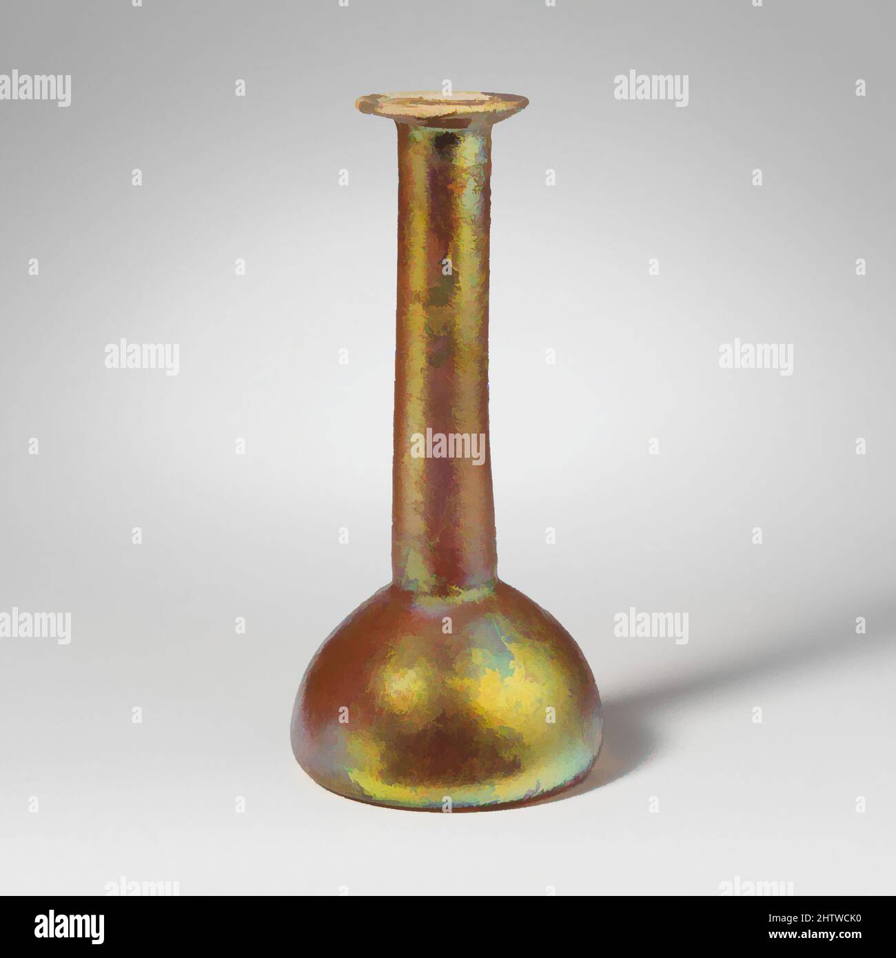 Kunst inspiriert von Parfümflasche aus Glas, Mid Imperial, 2.–3. Jahrhundert n. Chr., Roman, Glas; Durchgebrannt, 6 1/16in. (15,5cm), Glas, farblos (?). Unebener Rand, ausgeklappt, rund und innen, und in den auffackelnden Mund gedrückt; hoher, zylindrischer Hals, nach unten ausdehnend, um die Basis herum eingearbeitet; Squat, Classic Works modernisiert von Artotop mit einem Schuss Modernität. Formen, Farbe und Wert, auffällige visuelle Wirkung auf Kunst. Emotionen durch Freiheit von Kunstwerken auf zeitgemäße Weise. Eine zeitlose Botschaft, die eine wild kreative neue Richtung verfolgt. Künstler, die sich dem digitalen Medium zuwenden und die Artotop NFT erschaffen Stockfoto