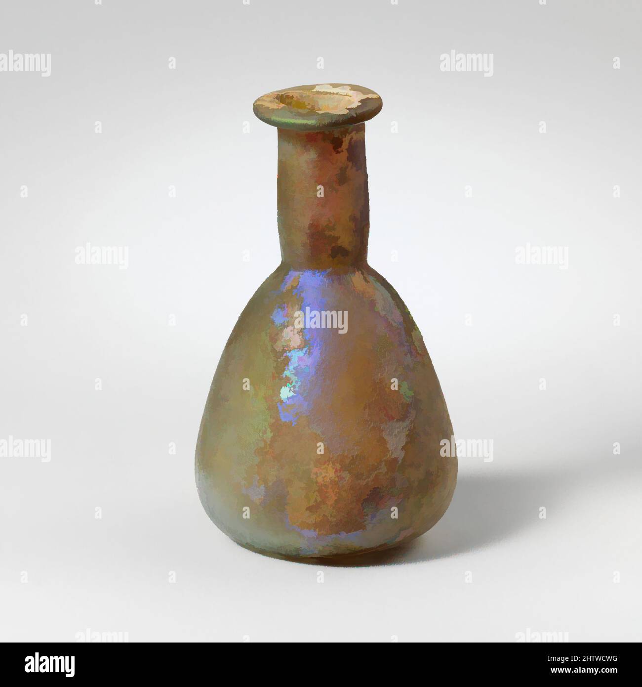 Kunst inspiriert von Glas Parfüm Flasche, frühen Imperial, 1. Jahrhundert n. Chr., Roman, Glas; Durchgebrannt, 2 15/16 Zoll (7,4 cm), Glas, farblos mit hellblaugrünem Farbton. Einseitig ausgeklappter, über- und eingeklappter und flach gepresster Rand; zylindrischer Hals, Mit Werkzeugmarkierungen um die Basis; konischer Körper mit, Classic Works modernisiert von Artotop mit einem Spritzer von Modernität. Formen, Farbe und Wert, auffällige visuelle Wirkung auf Kunst. Emotionen durch Freiheit von Kunstwerken auf zeitgemäße Weise. Eine zeitlose Botschaft, die eine wild kreative neue Richtung verfolgt. Künstler, die sich dem digitalen Medium zuwenden und die Artotop NFT erschaffen Stockfoto