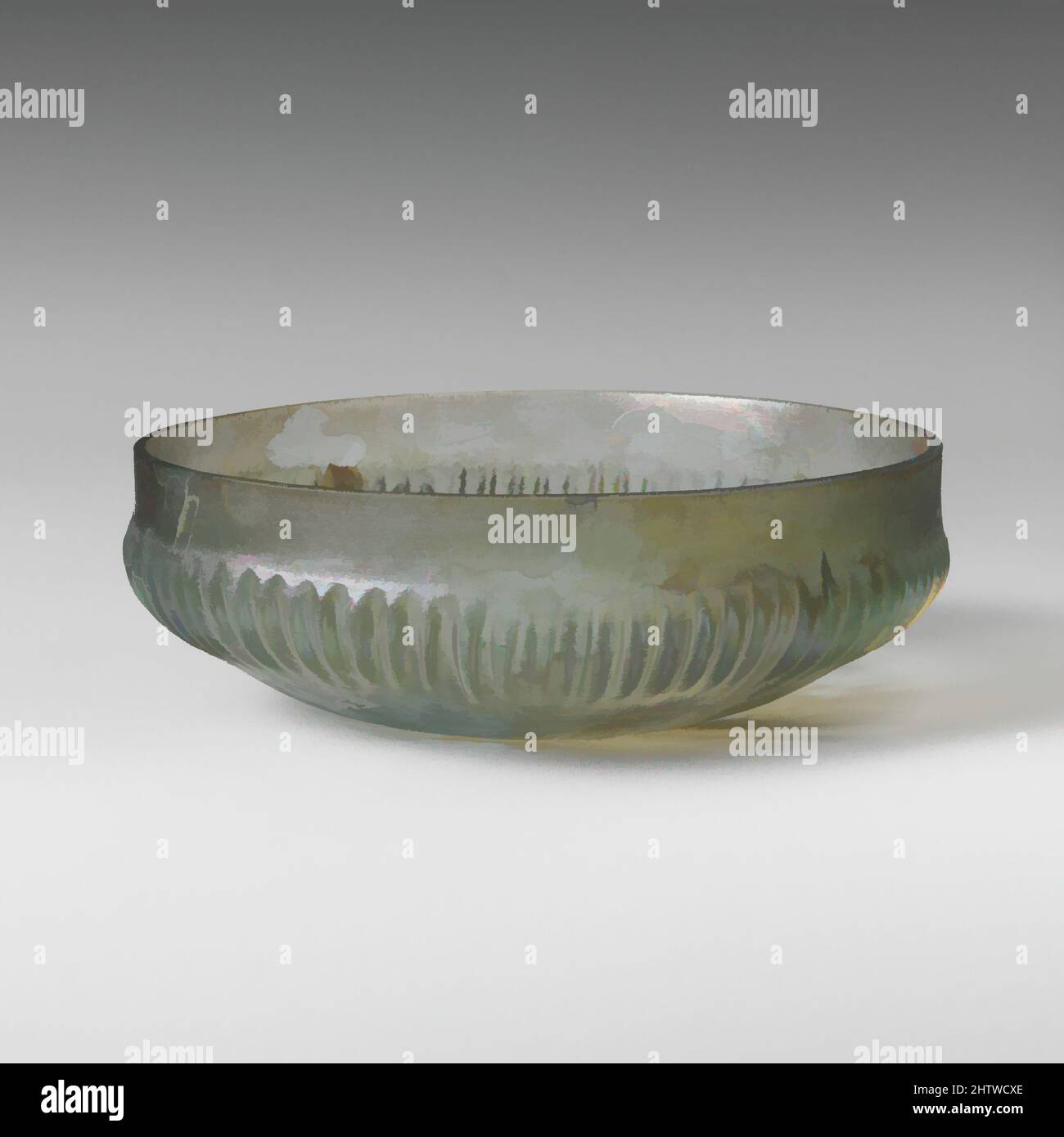 Kunst inspiriert von Glas gerippte Schale, frühen Imperial, Anfang 1. Jahrhundert n. Chr., Roman, Glas; Guss, bearbeitete, Und schneiden, 1 3/4 × 4 15/16 Zoll (4,4 × 12,5 cm), Glas, lichtdurchlässig hellblau grün. Vertikaler Rand mit abgerundeter Oberkante; schlichtes, vertikales Band von unregelmäßiger Höhe um die Oberseite der Seite, dann wurde Classic Works von Artotop mit einem Schuss Modernität modernisiert. Formen, Farbe und Wert, auffällige visuelle Wirkung auf Kunst. Emotionen durch Freiheit von Kunstwerken auf zeitgemäße Weise. Eine zeitlose Botschaft, die eine wild kreative neue Richtung verfolgt. Künstler, die sich dem digitalen Medium zuwenden und die Artotop NFT erschaffen Stockfoto