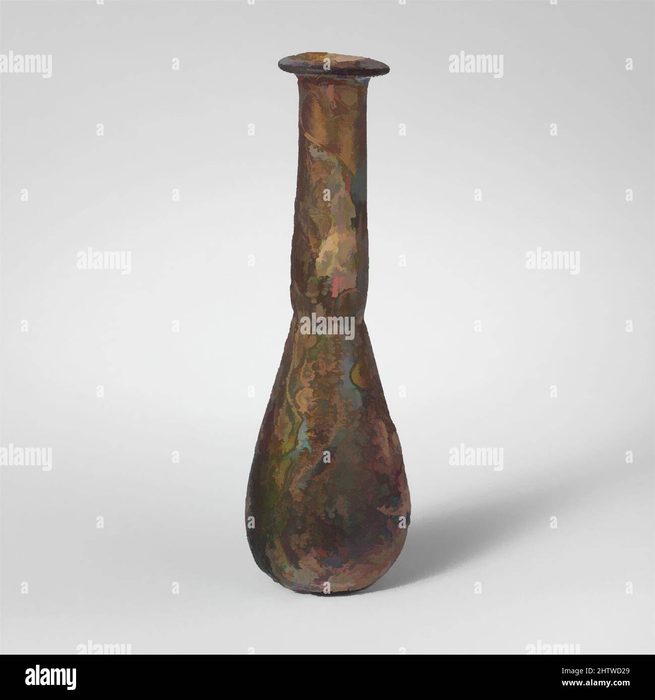 Kunst inspiriert von Parfümflasche aus Glas, Imperial, 1.–2. Jahrhundert n. Chr., Roman, Glas; Durchgebrannt, H.: 4 1/2 Zoll (11,4 cm), Glas, lichtdurchlässig hellblau grün. Geknickte Felge, hochgeklappt und eingeklappt, mit abgeschrägter Oberfläche; hoher, zylindrischer Hals, leicht nach unten ausdehnend und umgerüstet, Classic Works modernisiert von Artotop mit einem Schuss Modernität. Formen, Farbe und Wert, auffällige visuelle Wirkung auf Kunst. Emotionen durch Freiheit von Kunstwerken auf zeitgemäße Weise. Eine zeitlose Botschaft, die eine wild kreative neue Richtung verfolgt. Künstler, die sich dem digitalen Medium zuwenden und die Artotop NFT erschaffen Stockfoto