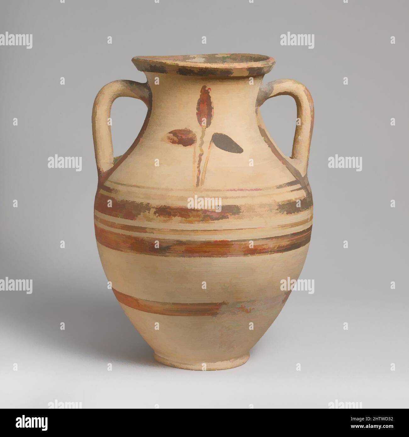 Kunst inspiriert von Terracotta Amphora (Glas), archaisch, 6. Jahrhundert v. Chr., Ostgriechisch, Terracotta, H. 9 3/8 Zoll (23,8 cm), Vasen, Amphora mit Bändern und an den Halsketten Blattgruppen, von Artotop modernisierte Classic Works mit einem Schuss Modernität. Formen, Farbe und Wert, auffällige visuelle Wirkung auf Kunst. Emotionen durch Freiheit von Kunstwerken auf zeitgemäße Weise. Eine zeitlose Botschaft, die eine wild kreative neue Richtung verfolgt. Künstler, die sich dem digitalen Medium zuwenden und die Artotop NFT erschaffen Stockfoto