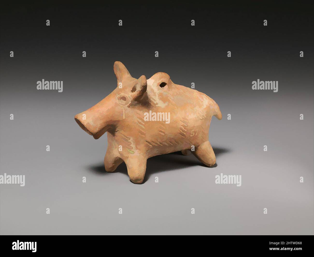 Kunst inspiriert von der Figur des Wildschweins aus Terrakotta, frühe Zypriotin III–Mittelzypriotin I, ca. 2000–1800 v. Chr., zypriotisch, Terrakotta; handgefertigt, H. 3 3/4 Zoll (9,5 cm), Vasen, Terrakotta-Figuren von Tieren erscheinen in der Regel als Teil der Dekoration auf den Rändern von großen Schalen oder die Schultern von Vasen, Classic Works modernisiert von Artotop mit einem Schuss Moderne. Formen, Farbe und Wert, auffällige visuelle Wirkung auf Kunst. Emotionen durch Freiheit von Kunstwerken auf zeitgemäße Weise. Eine zeitlose Botschaft, die eine wild kreative neue Richtung verfolgt. Künstler, die sich dem digitalen Medium zuwenden und die Artotop NFT erschaffen Stockfoto