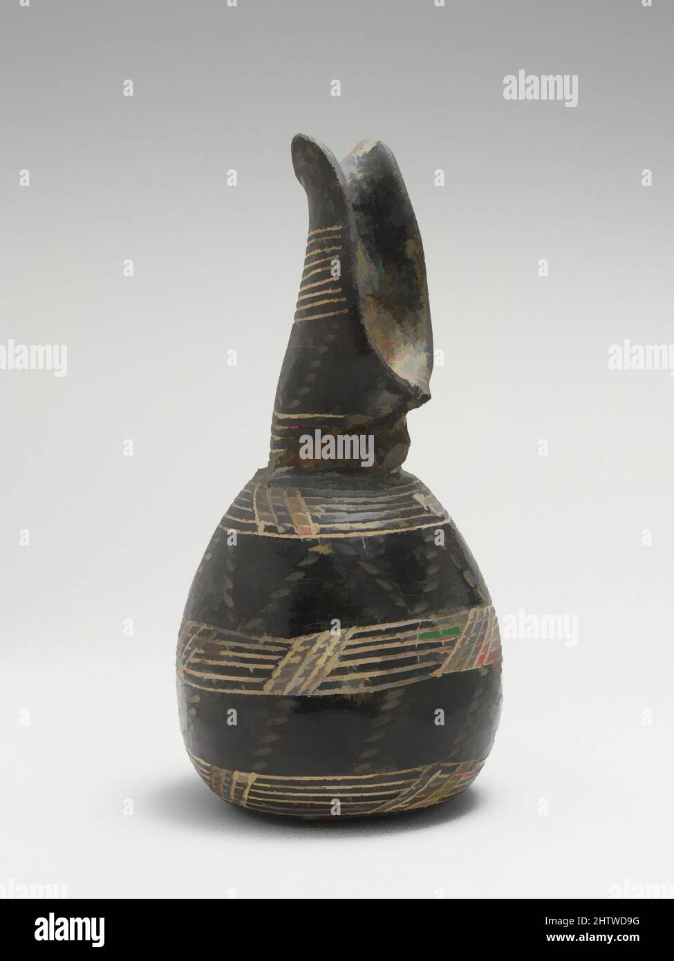 Kunst inspiriert von Terrakotta-Krug, frühe zypriotische III-Mittelzypriotin I, ca. 2000–1800 v. Chr., zypriotisch, Terrakotta; schwarz polierte Ware, H. 4 5/16 Zoll (11 cm), Vasen, Schnabelauslauf, eingeschnittene Bänder und gepunktete Zickzackmuster, von Artotop modernisierte Klassiker mit einem Schuss Modernität. Formen, Farbe und Wert, auffällige visuelle Wirkung auf Kunst. Emotionen durch Freiheit von Kunstwerken auf zeitgemäße Weise. Eine zeitlose Botschaft, die eine wild kreative neue Richtung verfolgt. Künstler, die sich dem digitalen Medium zuwenden und die Artotop NFT erschaffen Stockfoto