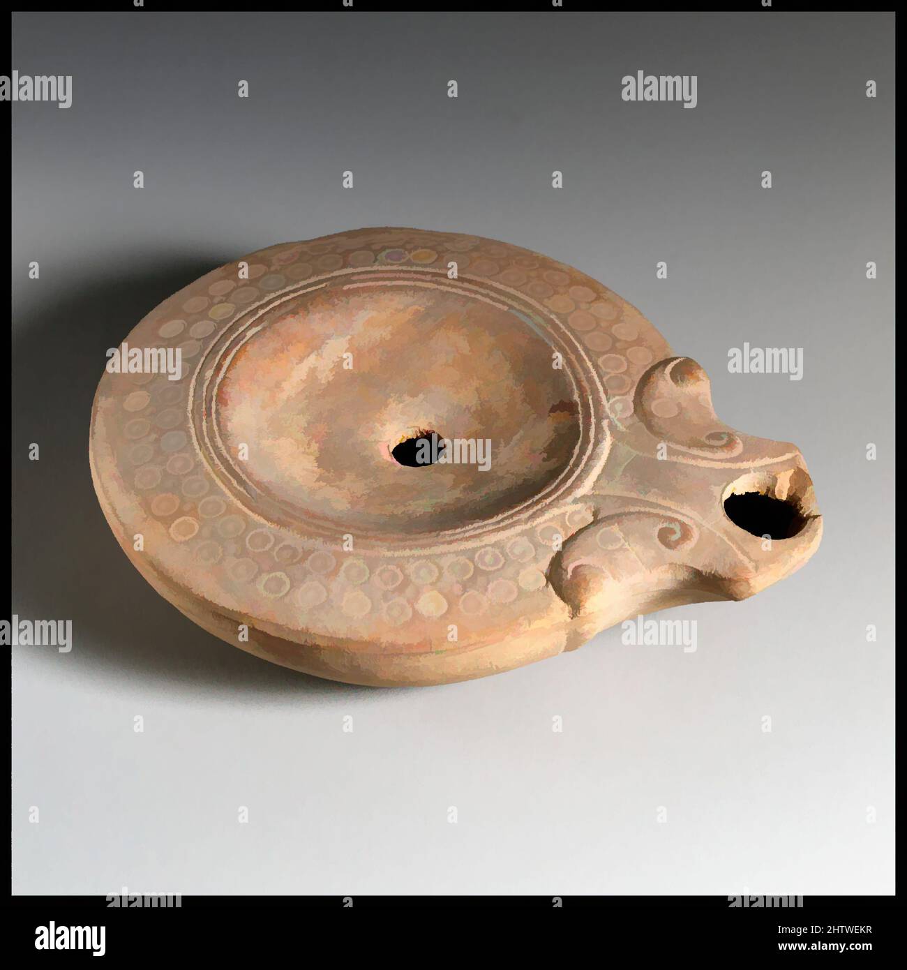 Art Inspired by Lamp, Roman, Terrakotta, insgesamt: 7/8 x 3 5/8 Zoll (2,2 x 9,2 cm), Terracottas, Klassische Werke, die von Artotop mit einem Schuss Moderne modernisiert wurden. Formen, Farbe und Wert, auffällige visuelle Wirkung auf Kunst. Emotionen durch Freiheit von Kunstwerken auf zeitgemäße Weise. Eine zeitlose Botschaft, die eine wild kreative neue Richtung verfolgt. Künstler, die sich dem digitalen Medium zuwenden und die Artotop NFT erschaffen Stockfoto