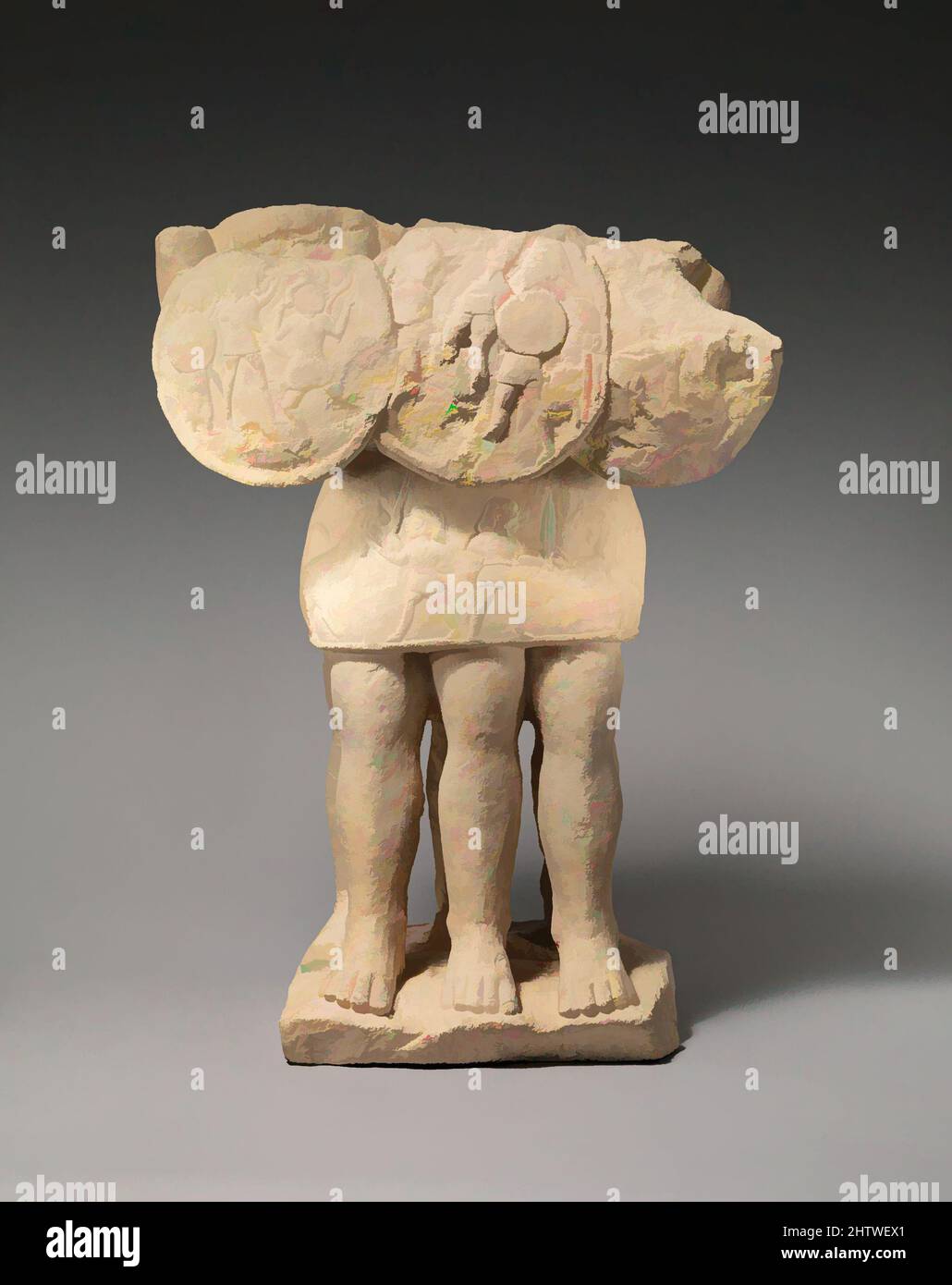 Kunst inspiriert von Kalkstein Geryon, archaisch, 2. Hälfte des 6.. Jahrhunderts v. Chr., Zypern, Kalkstein, insgesamt: 20 7/8 x 15 1/4 x 10 1/8 Zoll (53 x 38,7 x 25,7 cm), Steinskulptur, in der griechischen Mythologie war Geryon ein dreibeiniger Mensch, der mit seinem Hund weit weg im Westen lebte, ein großes, klassisches Werk, das von Artotop mit einem Schuss Moderne modernisiert wurde. Formen, Farbe und Wert, auffällige visuelle Wirkung auf Kunst. Emotionen durch Freiheit von Kunstwerken auf zeitgemäße Weise. Eine zeitlose Botschaft, die eine wild kreative neue Richtung verfolgt. Künstler, die sich dem digitalen Medium zuwenden und die Artotop NFT erschaffen Stockfoto