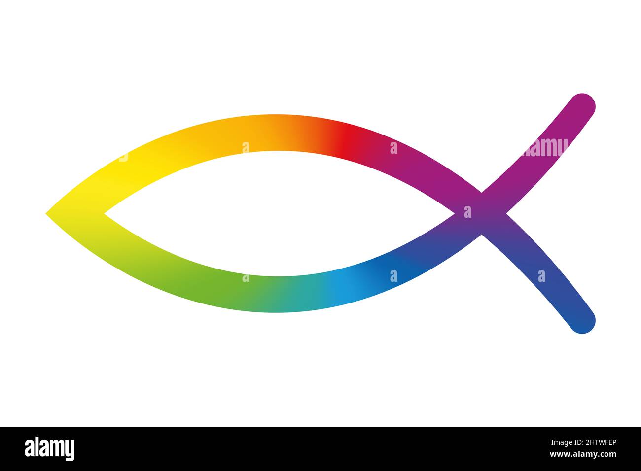 Regenbogenfarbenes Zeichen des Fischsymbols. Jesus Fisch, Symbol der christlichen Kunst, bestehend aus 2 sich kreuzenden Bögen, auch Ichthys oder Ichthus genannt. Stockfoto