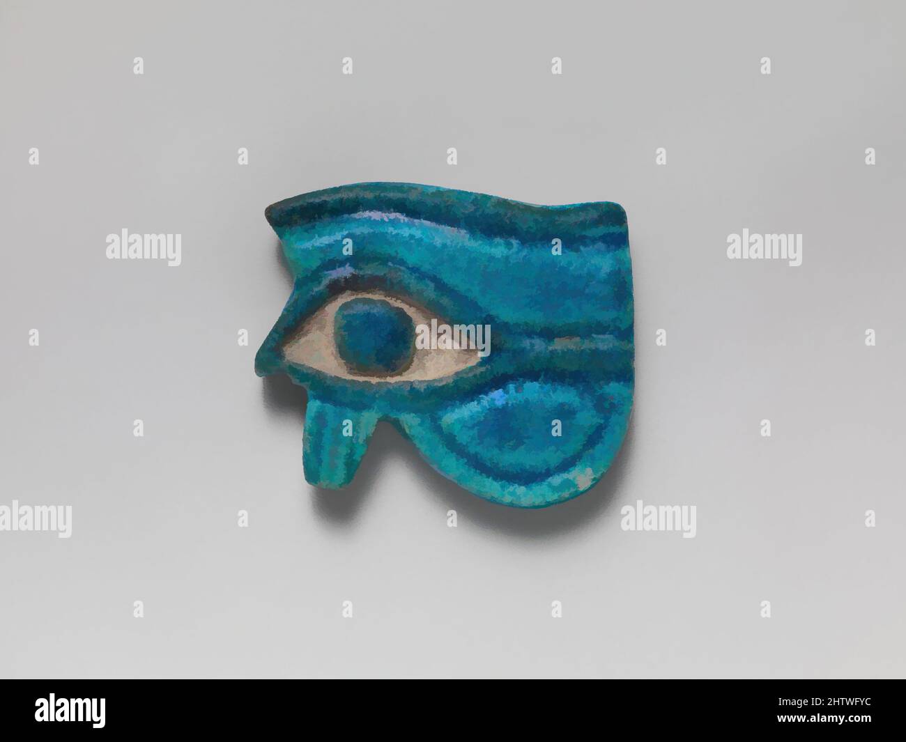 Kunst inspiriert von Faience Wedjat-eye Amulett, Dritte mittlere Periode, ca. 1090–900 v. Chr., ägyptisch., Ton, glasiert, H.: 2 1/4 Zoll (5,7 cm), Gold und Silber, der ägyptische gott Horus wurde in der Regel in menschlicher Form dargestellt, aber mit dem Kopf eines Falken. Sein Blick wurde genommen, um die Sonne zu repräsentieren, Classic Works modernisiert von Artotop mit einem Schuss Moderne. Formen, Farbe und Wert, auffällige visuelle Wirkung auf Kunst. Emotionen durch Freiheit von Kunstwerken auf zeitgemäße Weise. Eine zeitlose Botschaft, die eine wild kreative neue Richtung verfolgt. Künstler, die sich dem digitalen Medium zuwenden und die Artotop NFT erschaffen Stockfoto