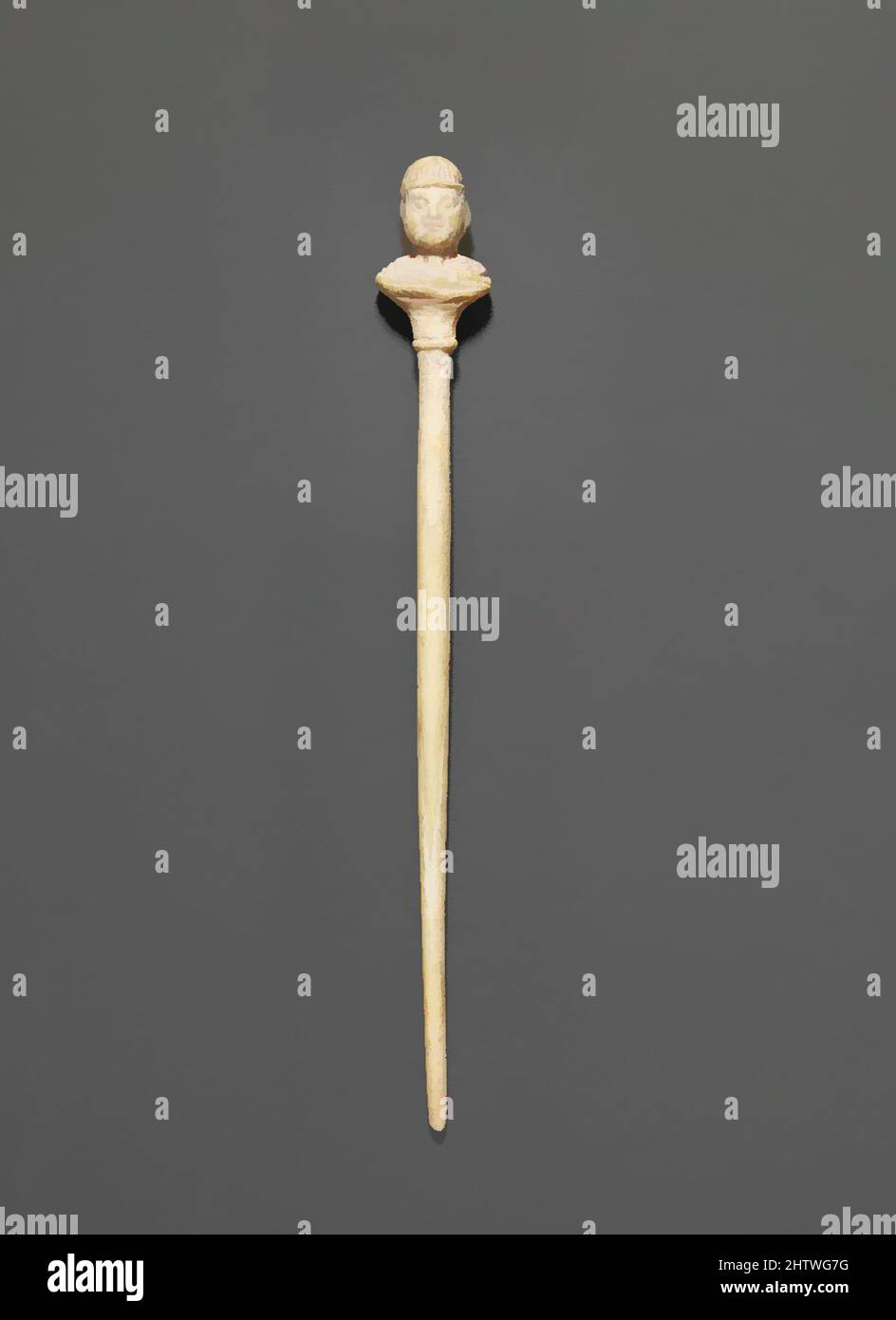 Kunst inspiriert von Bone Pin, Imperial, 1.–4. Jahrhundert n. Chr., Roman, Zypern, Knochen, Länge 4 1/8in. (10,5cm) wurden die Büsten getrennt gearbeitet und befestigt. Solche verzierten Stifte wurden wahrscheinlich als Haarschmuck verwendet, Classic Works, die von Artotop mit einem Schuss Moderne modernisiert wurden. Formen, Farbe und Wert, auffällige visuelle Wirkung auf Kunst. Emotionen durch Freiheit von Kunstwerken auf zeitgemäße Weise. Eine zeitlose Botschaft, die eine wild kreative neue Richtung verfolgt. Künstler, die sich dem digitalen Medium zuwenden und die Artotop NFT erschaffen Stockfoto