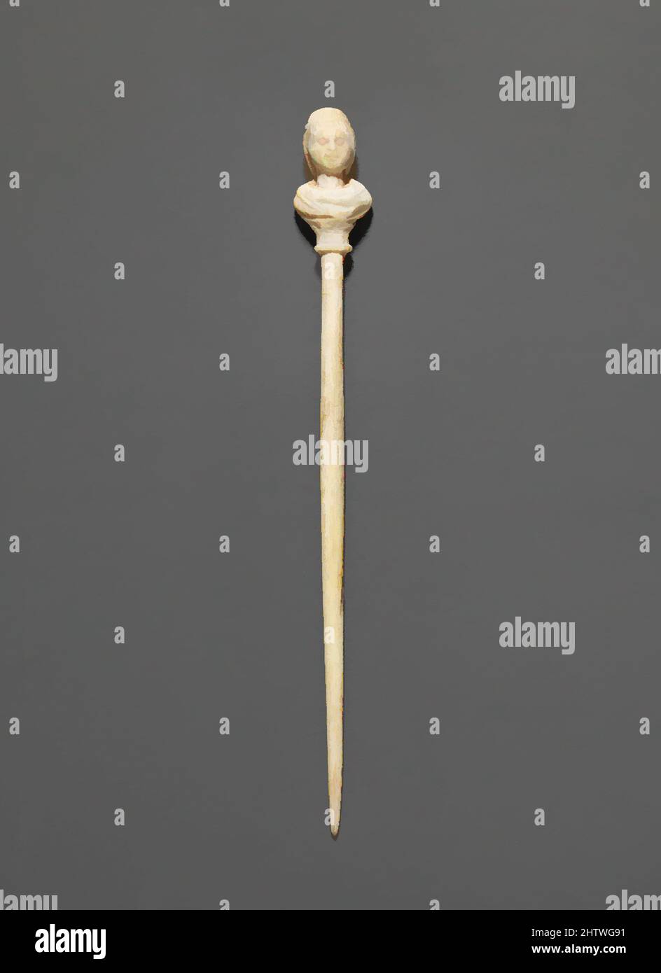 Kunst inspiriert von Bone Pin, Imperial, 1.–4. Jahrhundert n. Chr., Roman, Zypern, Knochen, Länge 4 3/16in. (10,6cm) wurden die Büsten getrennt gearbeitet und befestigt. Solche verzierten Stifte wurden wahrscheinlich als Haarschmuck verwendet, Classic Works, die von Artotop mit einem Schuss Moderne modernisiert wurden. Formen, Farbe und Wert, auffällige visuelle Wirkung auf Kunst. Emotionen durch Freiheit von Kunstwerken auf zeitgemäße Weise. Eine zeitlose Botschaft, die eine wild kreative neue Richtung verfolgt. Künstler, die sich dem digitalen Medium zuwenden und die Artotop NFT erschaffen Stockfoto