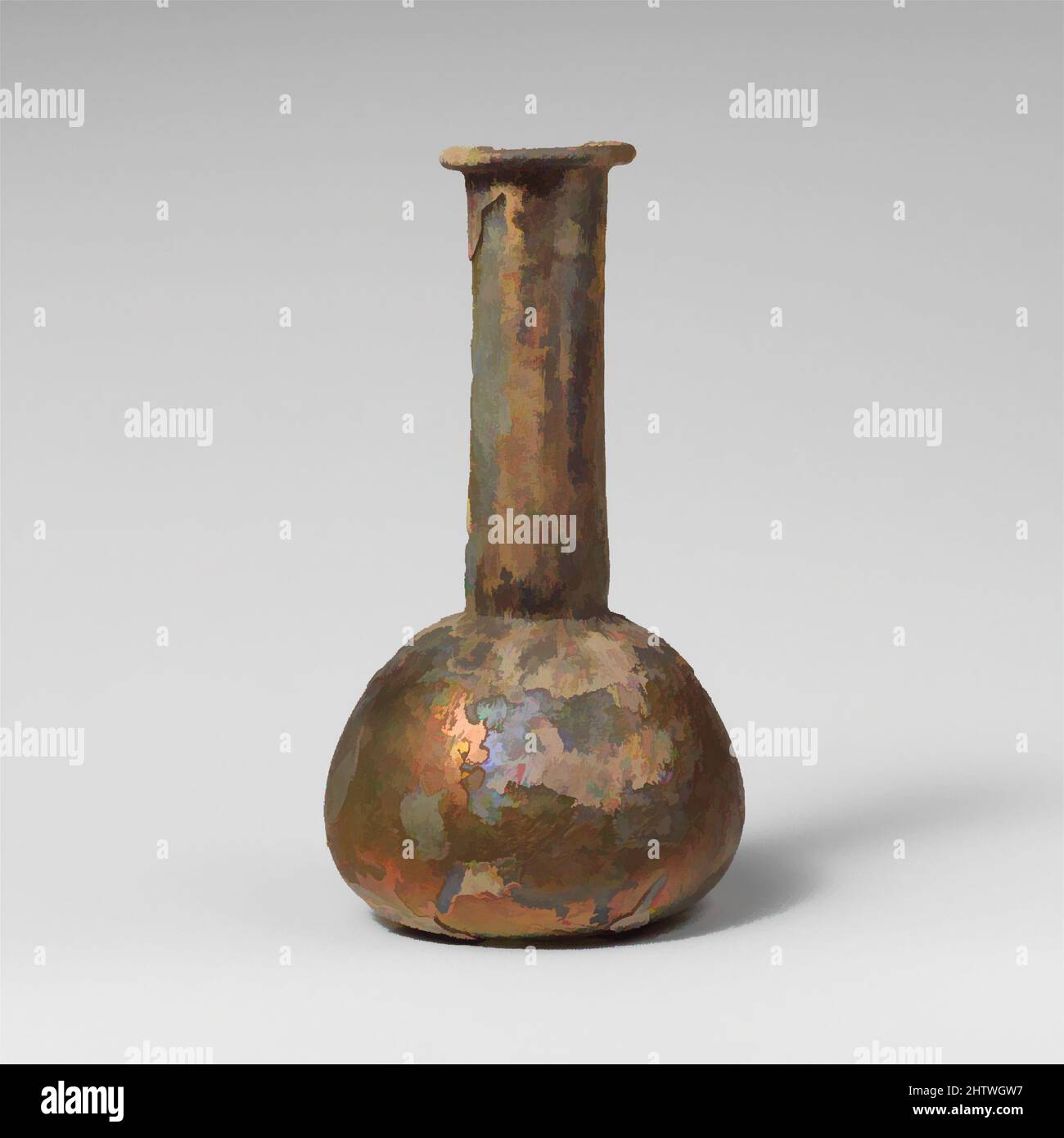 Kunst inspiriert von Parfümflasche aus Glas, Mid Imperial, 2.–3. Jahrhundert n. Chr., Roman, Glas; Durchgebrannt, insgesamt: 4 7/8in. (12,4cm), Glas, farblos mit hellblaugrünem Farbton. Rand ausgeklappt, über und in, oben abgeflacht; zylindrischer Hals mit Werkzeugmarkierungen um den Sockel; hockiger, bauchiger Körper, Classic Works modernisiert von Artotop mit einem Schuss Moderne. Formen, Farbe und Wert, auffällige visuelle Wirkung auf Kunst. Emotionen durch Freiheit von Kunstwerken auf zeitgemäße Weise. Eine zeitlose Botschaft, die eine wild kreative neue Richtung verfolgt. Künstler, die sich dem digitalen Medium zuwenden und die Artotop NFT erschaffen Stockfoto