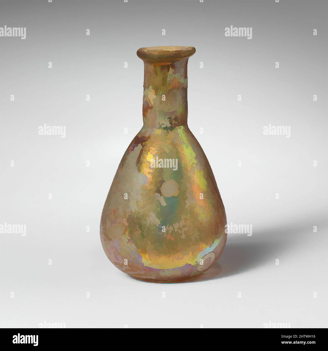 Kunst inspiriert von Glas Parfüm Flasche, frühen Imperial, 1. Jahrhundert n. Chr., Roman, Glas; Durchgebrannt, insgesamt: 3 1/8 Zoll (7,9 cm), Glas, farblos. Rand ausgeklappt, über und in, mit ungleichmäßiger abgeflachte obere Oberfläche; zylindrischer Hals, mit eingedrehter Einrückung um die Basis; piriform Körper; abgerundeter Boden, Classic Works modernisiert von Artotop mit einem Schuss Moderne. Formen, Farbe und Wert, auffällige visuelle Wirkung auf Kunst. Emotionen durch Freiheit von Kunstwerken auf zeitgemäße Weise. Eine zeitlose Botschaft, die eine wild kreative neue Richtung verfolgt. Künstler, die sich dem digitalen Medium zuwenden und die Artotop NFT erschaffen Stockfoto