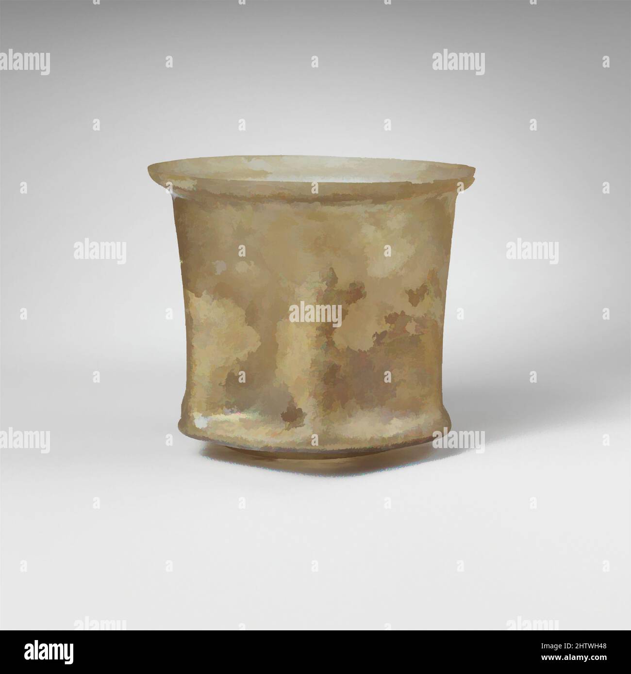 Kunst inspiriert von Glasbecher, Mittelkaiserliches, 2.–3. Jahrhundert n. Chr., römisch, Glas; Durchgebrannt, H: 2 7/8 Zoll (7,3 cm), Glas, farblos. Felge kurz und verwinkelt, abgerissen und geschliffen; gegliederter Körper mit Seiten, die sich leicht nach unten ausdehnen und unten einen abgerundeten Kragen vorweisen; sechseckige Seiten zu, Classic Works, modernisiert von Artotop mit einem Schuss Moderne. Formen, Farbe und Wert, auffällige visuelle Wirkung auf Kunst. Emotionen durch Freiheit von Kunstwerken auf zeitgemäße Weise. Eine zeitlose Botschaft, die eine wild kreative neue Richtung verfolgt. Künstler, die sich dem digitalen Medium zuwenden und die Artotop NFT erschaffen Stockfoto