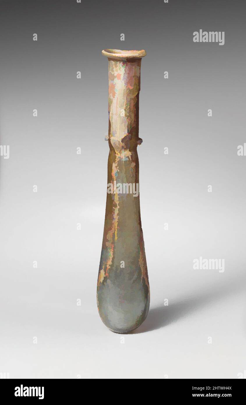 Kunst inspiriert von Parfümflasche aus Glas, früh bis Mitte des Imperium, 1.–2. Jahrhundert n. Chr., römisch, Glas; geblasen, Insgesamt: 4 1/2in. (11,4cm), Glas, lichtdurchlässig hellblau grün. Feiner Rand ausgeklappt, über und in; auffackender Mund; zylindrischer Hals, Mit tiefem eingezogenen Einzug um die Basis; länglich, von Artotop modernisierte Classic Works mit einem Schuss Modernität. Formen, Farbe und Wert, auffällige visuelle Wirkung auf Kunst. Emotionen durch Freiheit von Kunstwerken auf zeitgemäße Weise. Eine zeitlose Botschaft, die eine wild kreative neue Richtung verfolgt. Künstler, die sich dem digitalen Medium zuwenden und die Artotop NFT erschaffen Stockfoto