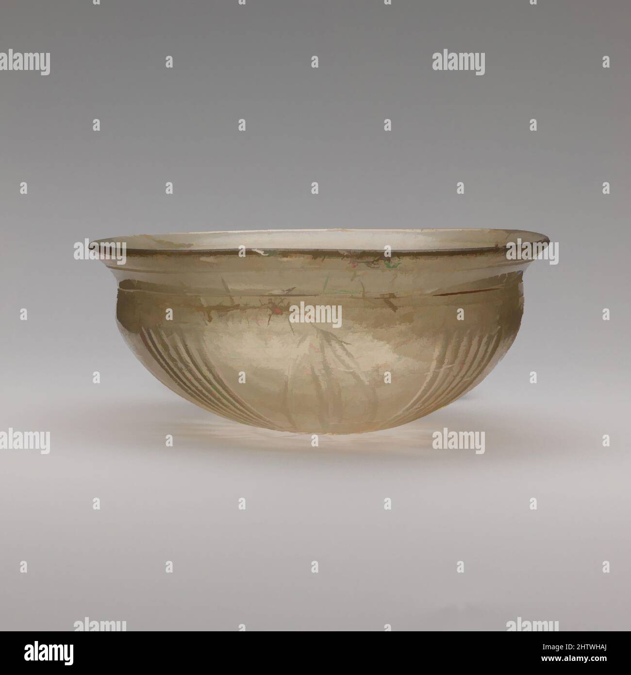 Kunst inspiriert von Glasschale, hellenistisch, 2.–1. Jahrhundert v. Chr., Griechisch, Glas; Cast and Cut, H. 2 9/16 Zoll (6,5 cm); Durchmesser 5 15/16 Zoll (15,1 cm), Glas, farblos mit hellgelb-grüner Färbung. Bördelrand mit abgerundeter Kante, konkavem Hals, geschwungene Seite, scharf zu konvex zulaufend, Classic Works modernisiert von Artotop mit einem Schuss Modernität. Formen, Farbe und Wert, auffällige visuelle Wirkung auf Kunst. Emotionen durch Freiheit von Kunstwerken auf zeitgemäße Weise. Eine zeitlose Botschaft, die eine wild kreative neue Richtung verfolgt. Künstler, die sich dem digitalen Medium zuwenden und die Artotop NFT erschaffen Stockfoto