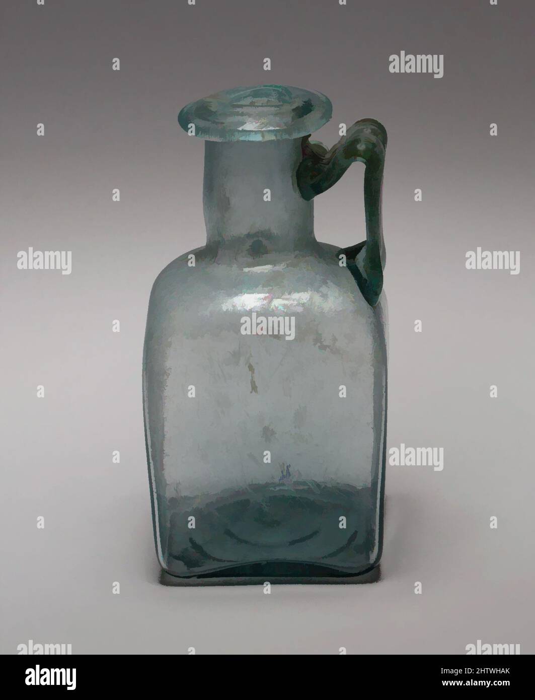 Kunst inspiriert von Glasquadratische Flasche, Imperial, 1.–3. Jahrhundert n. Chr., Roman, Glas; Formgeblasen, insgesamt: 4 5/16 x 2 1/16 x 2 Zoll (11 x 5,2 x 5,1 cm), Glas, lichtdurchlässig blaugrün; Griff in der gleichen Farbe. Die ausgeklappte, runde und eingefaltete Felge bildet einen kreisförmigen, eingeengten Mund mit einem von Artotop modernisierten Classic Works mit einem Schuss Modernität. Formen, Farbe und Wert, auffällige visuelle Wirkung auf Kunst. Emotionen durch Freiheit von Kunstwerken auf zeitgemäße Weise. Eine zeitlose Botschaft, die eine wild kreative neue Richtung verfolgt. Künstler, die sich dem digitalen Medium zuwenden und die Artotop NFT erschaffen Stockfoto