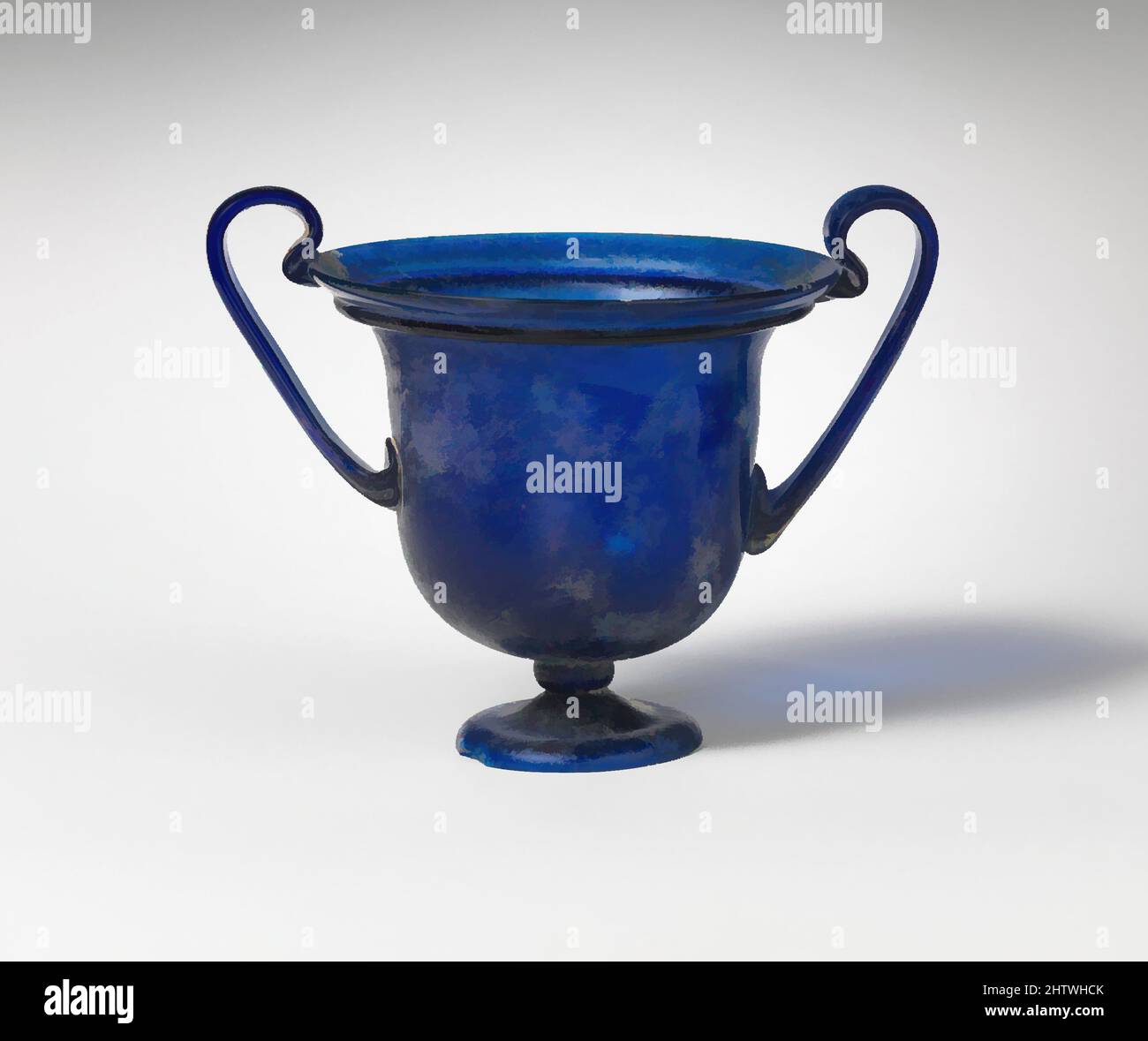Kunst inspiriert von Glas Cantharus (Trinkbecher), frühen Imperial, Claudian oder Flavian, ca. 40–80 n. Chr., römisch, Glas; geblasen, H. 4 11/16 Zoll (11,9 cm), Glas, lichtdurchlässig kobaltblau; Griffe in gleicher Farbe. Abfackeln, abgerundeter Rand, mit gefaltetem, massivem Flansch unten; glockenförmiger Körper, eingravend, Classic Works modernisiert von Artotop mit einem Schuss Moderne. Formen, Farbe und Wert, auffällige visuelle Wirkung auf Kunst. Emotionen durch Freiheit von Kunstwerken auf zeitgemäße Weise. Eine zeitlose Botschaft, die eine wild kreative neue Richtung verfolgt. Künstler, die sich dem digitalen Medium zuwenden und die Artotop NFT erschaffen Stockfoto