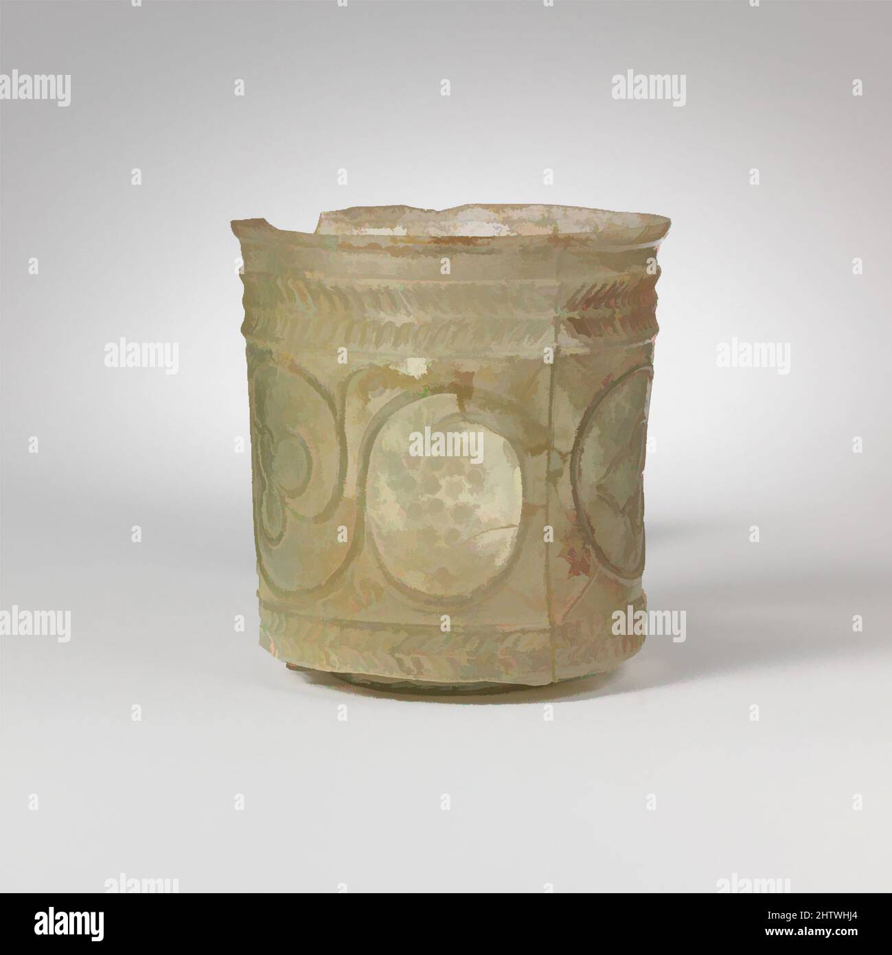 Kunst inspiriert von Glas Becher, frühen Imperial, 1. Hälfte des 1.. Jahrhunderts n. Chr., Roman, Glas; in einer dreiteiligen Form geblasen, H. 2 7/8in. (7,3cm), Glas, lichtdurchlässig hellgrün. Ausgespielte unbearbeitete Felge; zylindrischer Körper mit vertikalen Seiten; unebener, flacher Boden. Zwei vertikale Formnähte verlaufen nach unten, Classic Works wurde von Artotop mit einem Schuss Moderne modernisiert. Formen, Farbe und Wert, auffällige visuelle Wirkung auf Kunst. Emotionen durch Freiheit von Kunstwerken auf zeitgemäße Weise. Eine zeitlose Botschaft, die eine wild kreative neue Richtung verfolgt. Künstler, die sich dem digitalen Medium zuwenden und die Artotop NFT erschaffen Stockfoto