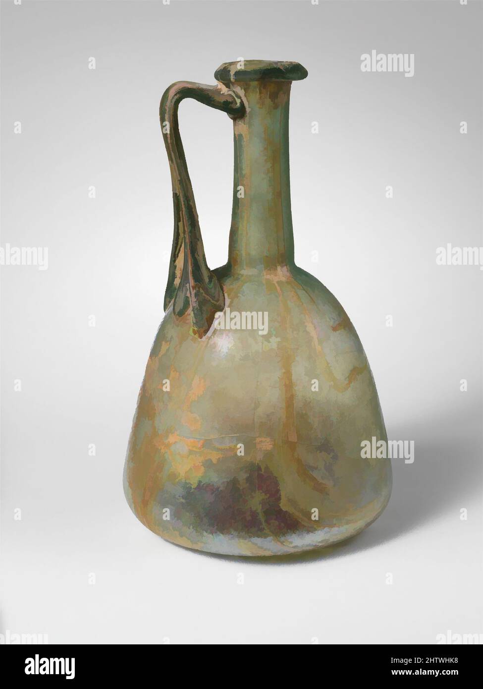 Kunst inspiriert von Glaskrug, früh bis mittelkaiserlich, 1.–2. Jahrhundert n. Chr., römisch, Glas; geblasen, H.: 7 Zoll (17,8 cm), Glas, lichtdurchlässig blaugrün; Griff in der gleichen Farbe. Ausgeklappter, runder und eingeklappter Rand mit abgeschrägter Oberkante; hoher, schlanker zylindrischer Hals, leicht ausdehnbar; Classic Works, modernisiert von Artotop mit einem Schuss Modernität. Formen, Farbe und Wert, auffällige visuelle Wirkung auf Kunst. Emotionen durch Freiheit von Kunstwerken auf zeitgemäße Weise. Eine zeitlose Botschaft, die eine wild kreative neue Richtung verfolgt. Künstler, die sich dem digitalen Medium zuwenden und die Artotop NFT erschaffen Stockfoto