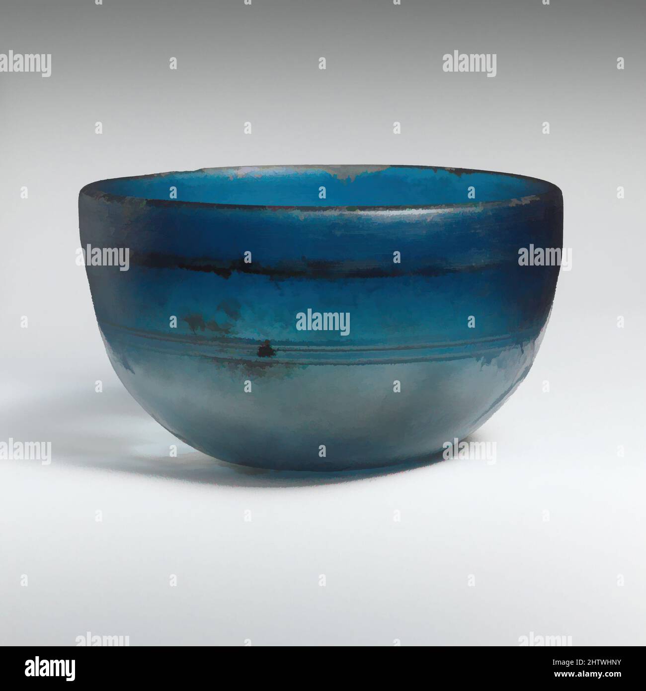 Kunst inspiriert von Glas hemispherical Schale, spät hellenistisch, 1. Jahrhundert v. Chr., Griechisch, östlichen Mittelmeer, Glas; gegossen und geschnitten, Durchm.: 4 5/16 Zoll (11 cm), Glas, lichtdurchlässig blau. Abgerundeter, leicht umgekehrter Rand; halbkugliger Körper mit eingebogenen Seiten bis zum eingeschobenen Boden. Dekoration, Klassisches von Artotop modernisiertes Werk mit einem Schuss Moderne. Formen, Farbe und Wert, auffällige visuelle Wirkung auf Kunst. Emotionen durch Freiheit von Kunstwerken auf zeitgemäße Weise. Eine zeitlose Botschaft, die eine wild kreative neue Richtung verfolgt. Künstler, die sich dem digitalen Medium zuwenden und die Artotop NFT erschaffen Stockfoto