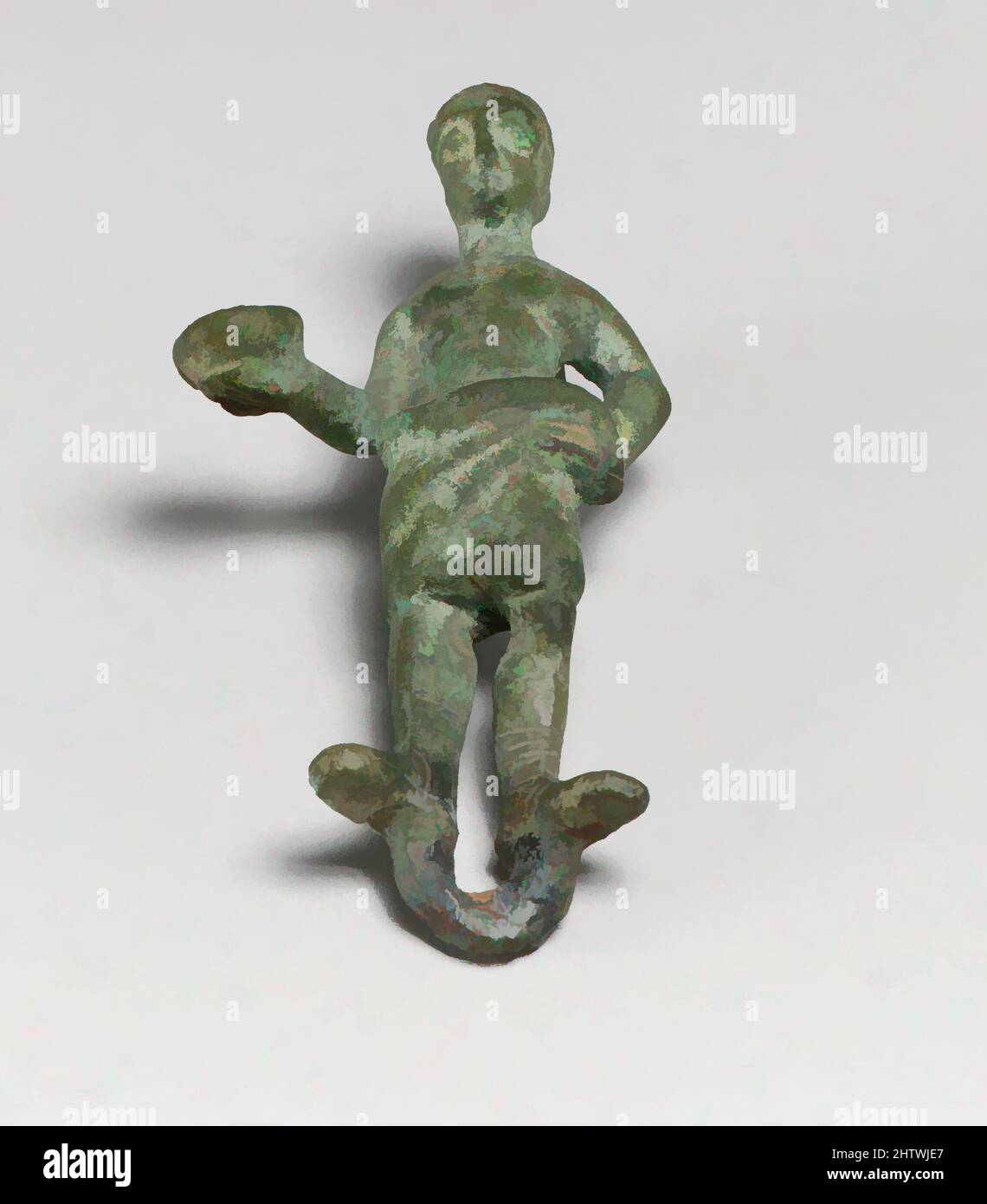 Art inspired by Statuette of a man with Patera, Bronze, H.: 3 3/8 in. (8,6 cm), Bronzen, Classic Works modernisiert von Artotop mit einem Schuss Moderne. Formen, Farbe und Wert, auffällige visuelle Wirkung auf Kunst. Emotionen durch Freiheit von Kunstwerken auf zeitgemäße Weise. Eine zeitlose Botschaft, die eine wild kreative neue Richtung verfolgt. Künstler, die sich dem digitalen Medium zuwenden und die Artotop NFT erschaffen Stockfoto