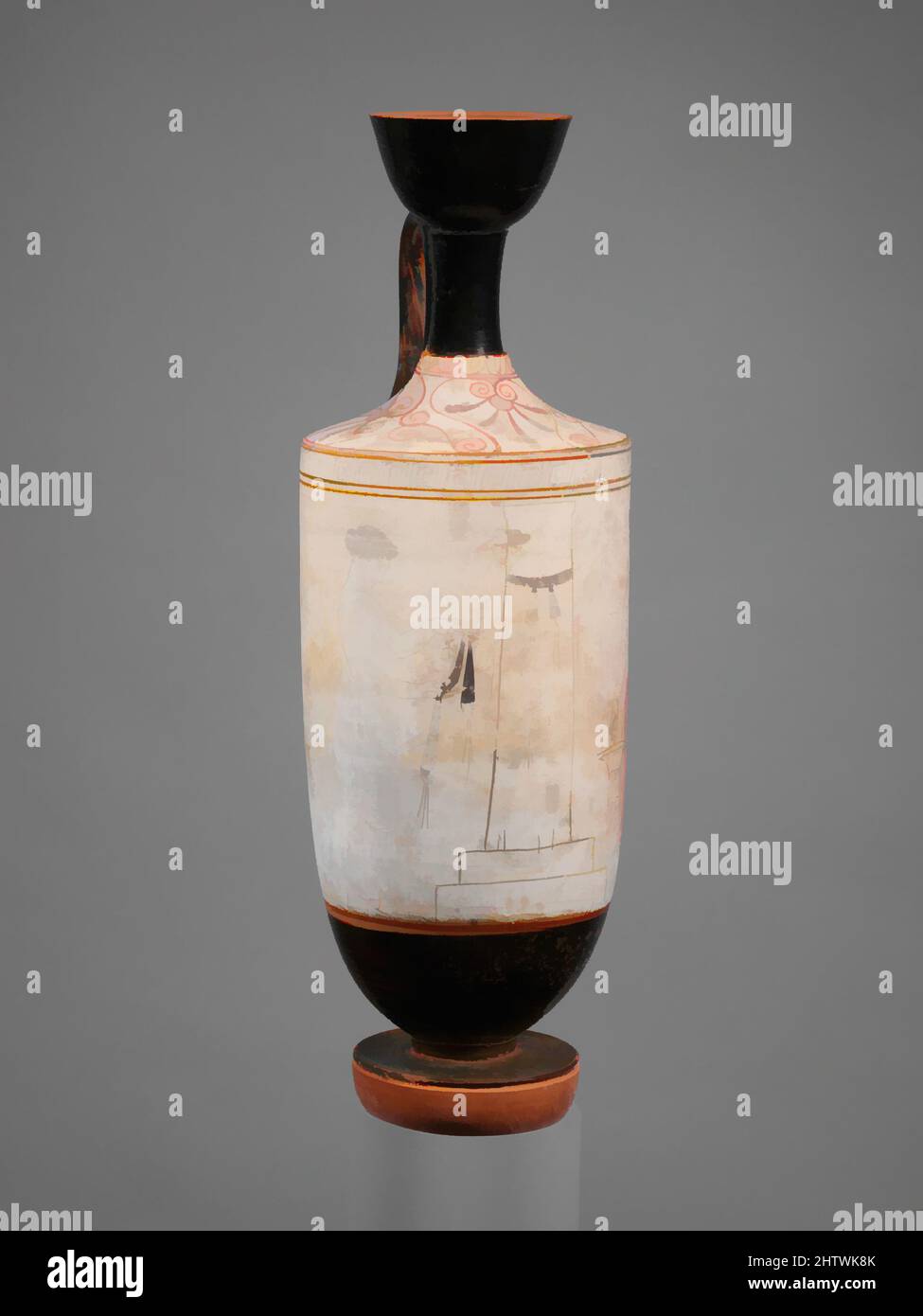 Kunst inspiriert von Terracotta Lekithos (Ölflasche), Klassik, ca. 440 v. Chr., Griechisch, Dachboden, Terrakotta; weißer Boden, H. 11 9/16 Zoll (29,4 cm), Vasen, zwei Frauen an einem Grab Obwohl Grabszenen normalerweise keine Aktivität darstellen, scheint es, dass die Frau auf der linken Seite gerade dabei ist, ein weiteres, von Artotop modernisiertes, klassisches Werk mit einem Schuss Moderne zu verbinden. Formen, Farbe und Wert, auffällige visuelle Wirkung auf Kunst. Emotionen durch Freiheit von Kunstwerken auf zeitgemäße Weise. Eine zeitlose Botschaft, die eine wild kreative neue Richtung verfolgt. Künstler, die sich dem digitalen Medium zuwenden und die Artotop NFT erschaffen Stockfoto