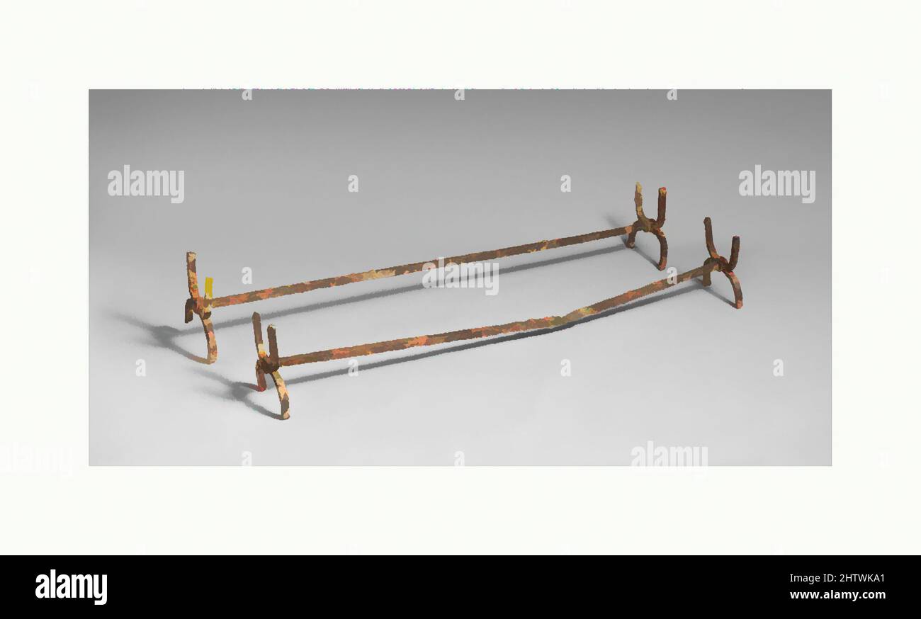 Kunst inspiriert von Iron Fire-Dog, archaisch, ca. 550 v. Chr., Etrusker, Eisen, Länge 37 7/8 Zoll (96,2 cm), Verschiedenes-Eisen, jeder besteht aus Stab aus quadratischem Abschnitt, der an jedem Ende in einem Ständer mit doppelter Hufeisenform eingesetzt wird, Classic Works, modernisiert von Artotop mit einem Schuss Moderne. Formen, Farbe und Wert, auffällige visuelle Wirkung auf Kunst. Emotionen durch Freiheit von Kunstwerken auf zeitgemäße Weise. Eine zeitlose Botschaft, die eine wild kreative neue Richtung verfolgt. Künstler, die sich dem digitalen Medium zuwenden und die Artotop NFT erschaffen Stockfoto