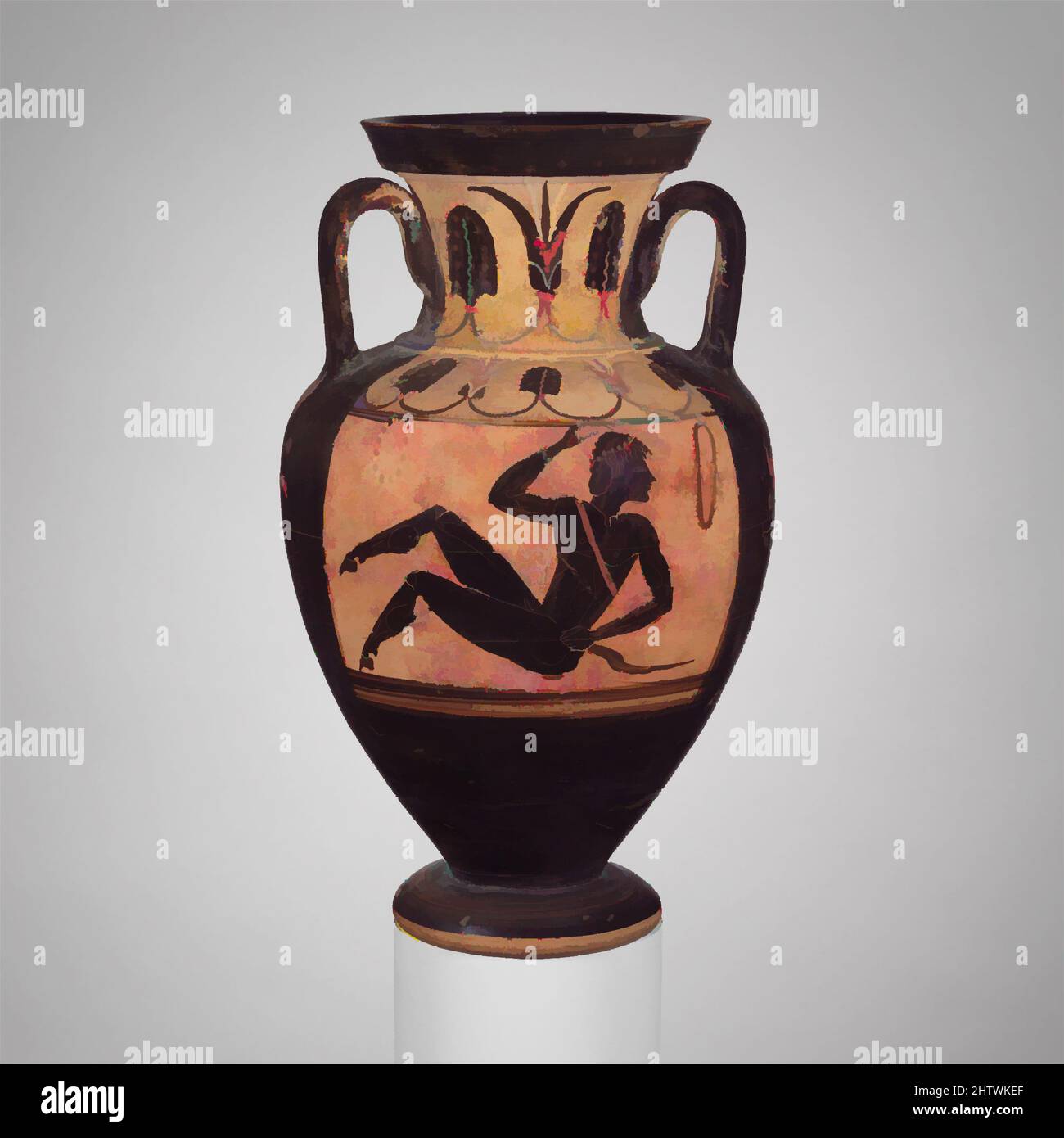 Kunst inspiriert von Terracotta Hals-Amphore (Glas), Klassik, 5. Jahrhundert v. Chr., Griechisch, Süditalien, Campanian, Terrakotta; schwarze Figur, H.: 11 11/16 Zoll (29,7 cm), Vasen, Vorderseite, am Altar sitzende Figur, umgekehrter, liegender Satyr. Es gibt zahlreiche bemerkenswerte ikonografische Merkmale auf, Klassische Werke, die von Artotop mit einem Schuss Moderne modernisiert wurden. Formen, Farbe und Wert, auffällige visuelle Wirkung auf Kunst. Emotionen durch Freiheit von Kunstwerken auf zeitgemäße Weise. Eine zeitlose Botschaft, die eine wild kreative neue Richtung verfolgt. Künstler, die sich dem digitalen Medium zuwenden und die Artotop NFT erschaffen Stockfoto