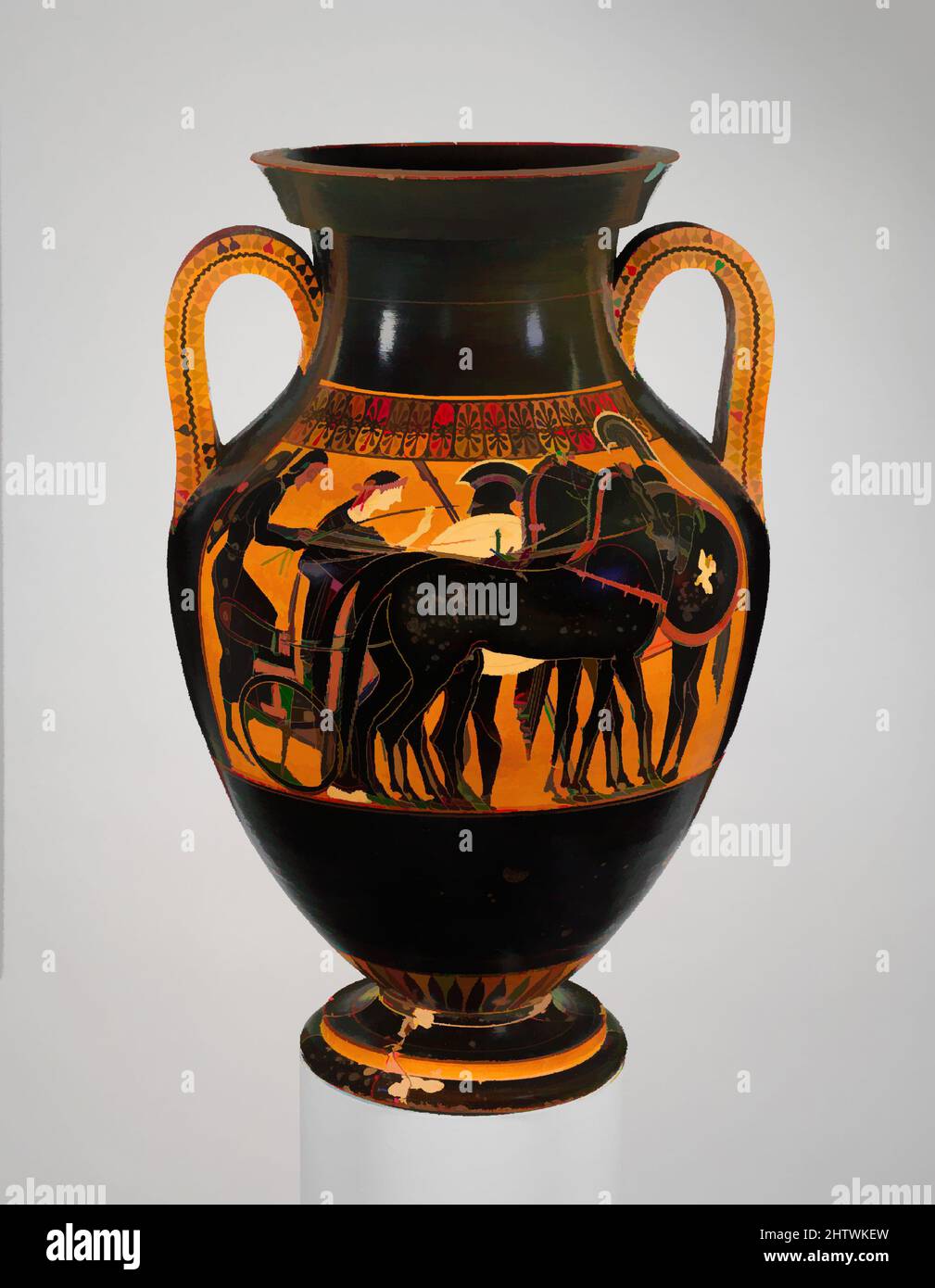 Kunst inspiriert von Terracotta Amphora (Glas), archaisch, ca. 510 v. Chr., Griechisch, Dachboden, Terrakotta; schwarze Figur, H. 20 1/8 Zoll (51,1 cm), Vasen, Vorderseite, Wagenabsatz, Rückwärts, Frontaler Streitwagen. Chariot-Szenen sind auf schwarzen Vasen des späten sechsten Jahrhunderts v. Chr. beliebt. Die umfangreichen, klassischen Werke, die von Artotop mit einem Schuss Moderne modernisiert wurden. Formen, Farbe und Wert, auffällige visuelle Wirkung auf Kunst. Emotionen durch Freiheit von Kunstwerken auf zeitgemäße Weise. Eine zeitlose Botschaft, die eine wild kreative neue Richtung verfolgt. Künstler, die sich dem digitalen Medium zuwenden und die Artotop NFT erschaffen Stockfoto