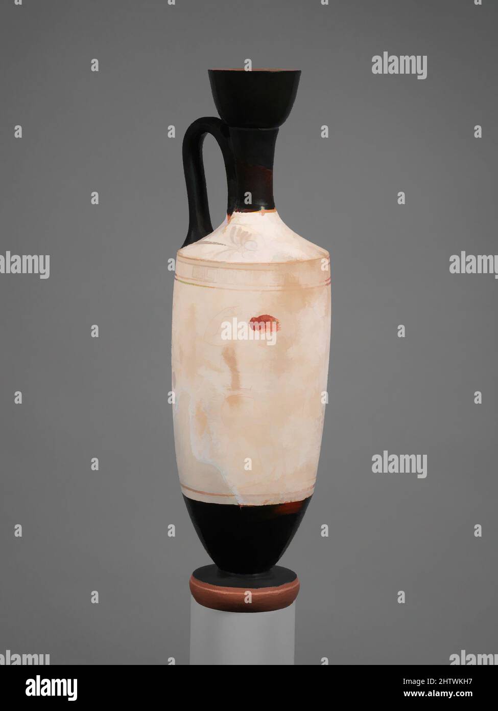 Kunst inspiriert von Terracotta Lekithos (Ölflasche), Klassik, ca. 420 v. Chr., Griechisch, Dachboden, Terrakotta; weißer Boden, H.: 11 5/16 Zoll (28,7 cm), Vasen, Frau und junge Kriegerin an einem Grab. Der Krieger ist mit einem Helm und einem Speer ausgestattet. Besonders hervorzuheben ist die wunderbare Geläufigkeit der von Artotop modernisierten, klassischen Werke mit einem Hauch von Moderne. Formen, Farbe und Wert, auffällige visuelle Wirkung auf Kunst. Emotionen durch Freiheit von Kunstwerken auf zeitgemäße Weise. Eine zeitlose Botschaft, die eine wild kreative neue Richtung verfolgt. Künstler, die sich dem digitalen Medium zuwenden und die Artotop NFT erschaffen Stockfoto