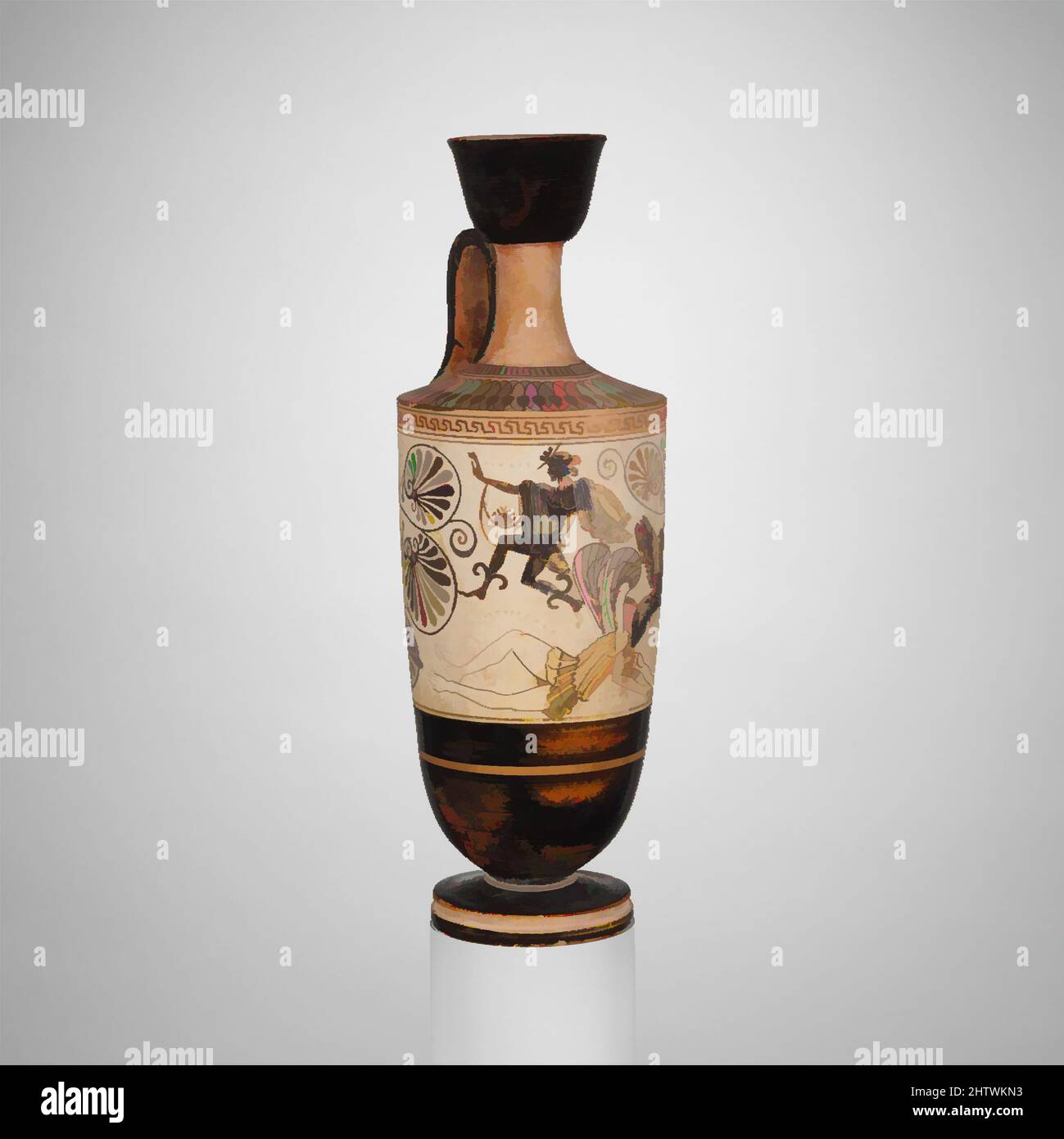 Kunst inspiriert von Terracotta lekithos (Ölflasche), archaisch, ca. 500 v. Chr., Griechisch, Dachboden, Terrakotta; schwarze Figur, Weiß, 9 5/8in. (24,5cm), Vases, Perseus fliegend mit dem Kopf der Medusa, während Pegasos aus ihrem abgetrennten Hals entspringt. Perseus, Sohn des gottes Zeus und des Menschen, Klassische Werke, die von Artotop mit einem Schuss Moderne modernisiert wurden. Formen, Farbe und Wert, auffällige visuelle Wirkung auf Kunst. Emotionen durch Freiheit von Kunstwerken auf zeitgemäße Weise. Eine zeitlose Botschaft, die eine wild kreative neue Richtung verfolgt. Künstler, die sich dem digitalen Medium zuwenden und die Artotop NFT erschaffen Stockfoto