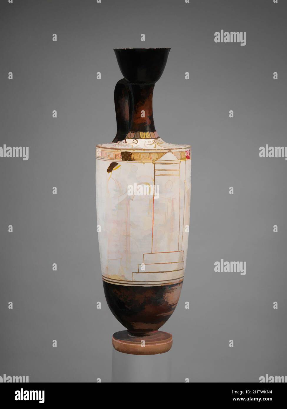 Kunst inspiriert von Terracotta Lekithos (Ölflasche), Klassik, ca. 460 v. Chr., Griechisch, Dachboden, Terrakotta; weißer Boden, H.: 16 1/4 Zoll (41,3 cm), Vasen, Frau und Kriegerin an einem Grab. An der Schulter auseinandergekommen, wurde dieser Lekithos zerlegt, um das Innere zu zeigen. Attic, Classic Works modernisiert von Artotop mit einem Schuss Moderne. Formen, Farbe und Wert, auffällige visuelle Wirkung auf Kunst. Emotionen durch Freiheit von Kunstwerken auf zeitgemäße Weise. Eine zeitlose Botschaft, die eine wild kreative neue Richtung verfolgt. Künstler, die sich dem digitalen Medium zuwenden und die Artotop NFT erschaffen Stockfoto