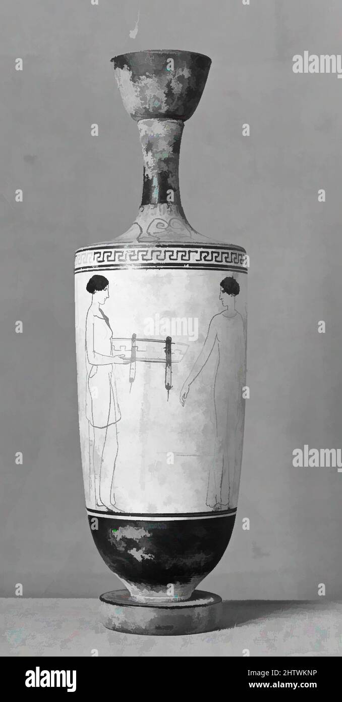 Kunst inspiriert von Terracotta Lekithos (Ölflasche), Klassik, ca. 450 v. Chr., Griechisch, Dachboden, Terrakotta; weißer Boden, H.: 12 13/16 Zoll, 3,2 cm (32,5 x 3,2 cm), Vasen, Frau und Diener. Der sakkos (Snood), der an der Wand hängt, deutet darauf hin, dass die Szene in Innenräumen stattfindet. The Woman at the, Classic Works modernisiert von Artotop mit einem Schuss Modernität. Formen, Farbe und Wert, auffällige visuelle Wirkung auf Kunst. Emotionen durch Freiheit von Kunstwerken auf zeitgemäße Weise. Eine zeitlose Botschaft, die eine wild kreative neue Richtung verfolgt. Künstler, die sich dem digitalen Medium zuwenden und die Artotop NFT erschaffen Stockfoto